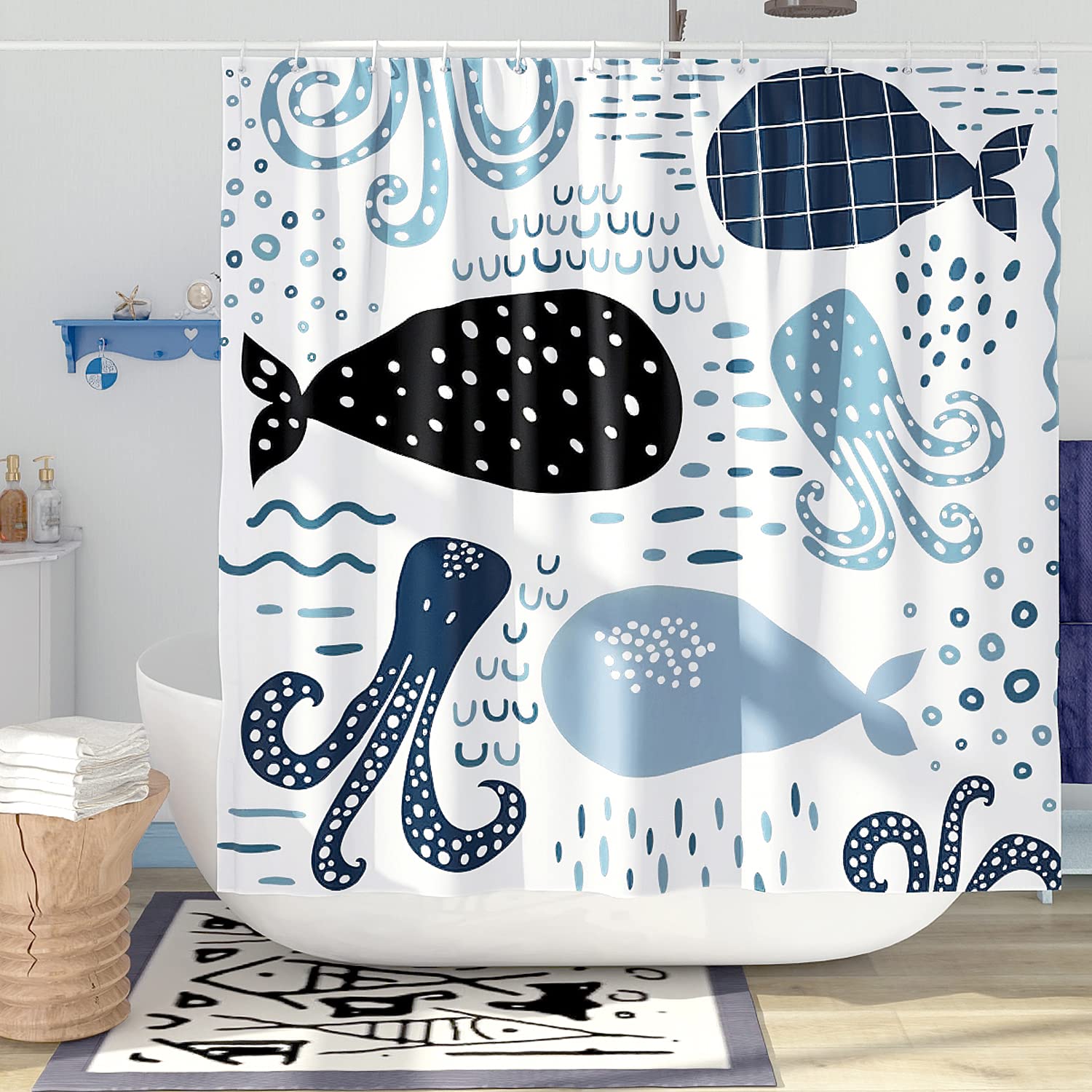 Desihom Blue Whale Shower Curtain Set Cool Funny Ocean Cartoon Shower Curtains For Bathroom Cute Kids Bathroom Decor Polyester F
