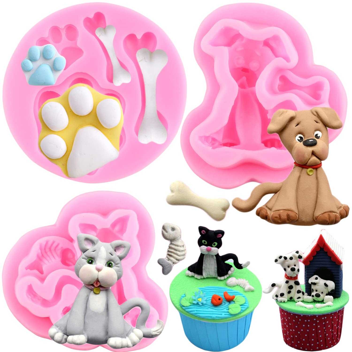 Mujiang Cat Paw Dog Paw Bone Silicone Mold Cat Dog Fondant Molds For Cupcake Topper Cake Decorating Chocolate Candy Clay Gum Pas