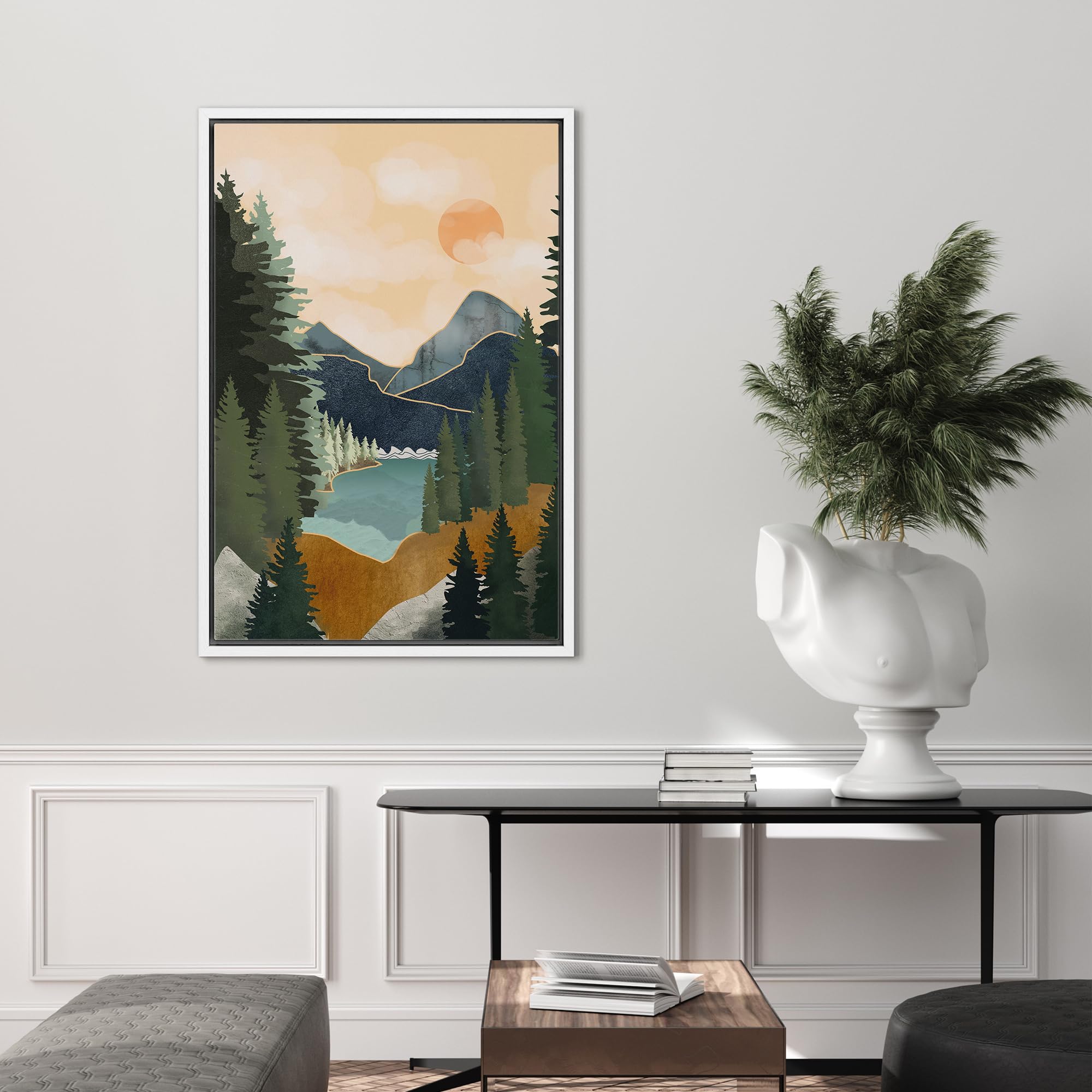 Signford Framed Canvas Print Wall Art Sun Mountain Pine Tree Lake Nature Wilderness Illustrations Modern Art Decorative Rustic R