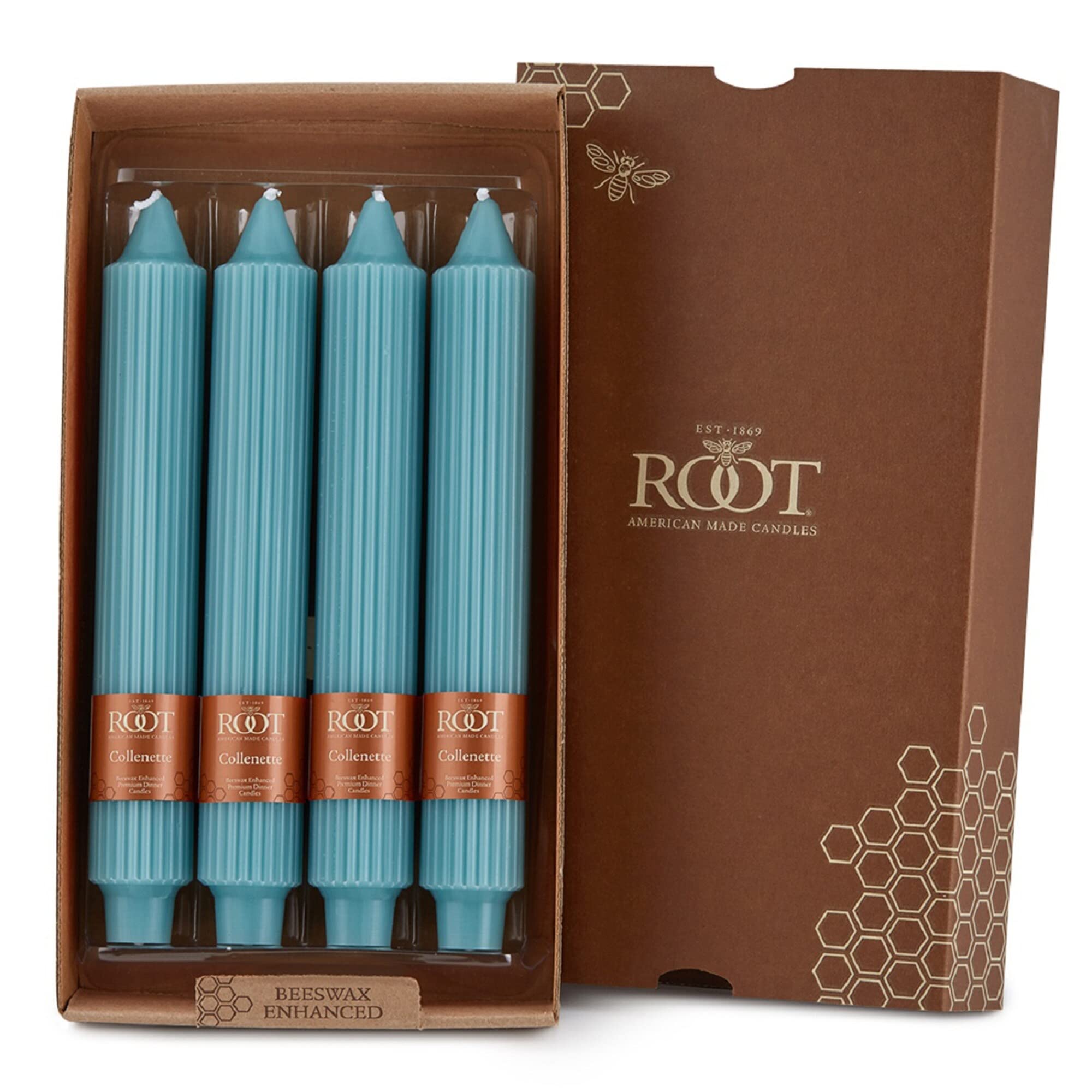 Root Unscented Grecian Collenette Dinner Candles, 9-Inch, Sky, Box of 4