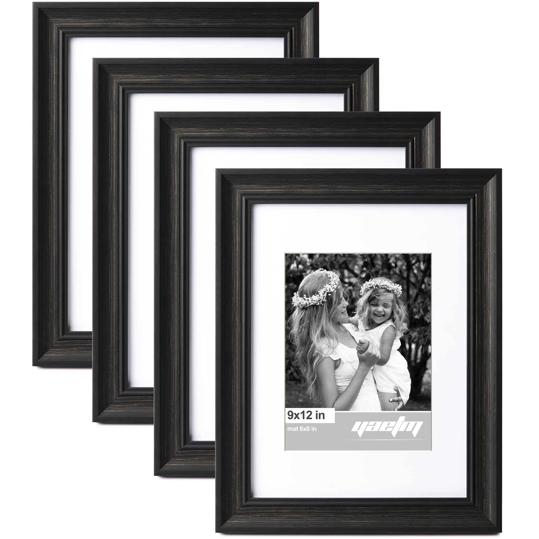 Yaetm 9x12 Picture Frame Matted to 6x8 Set of 4, 1.4    Wide Molding & Distressed Black Photo Frames 9 x 12 with Tempered Glass,