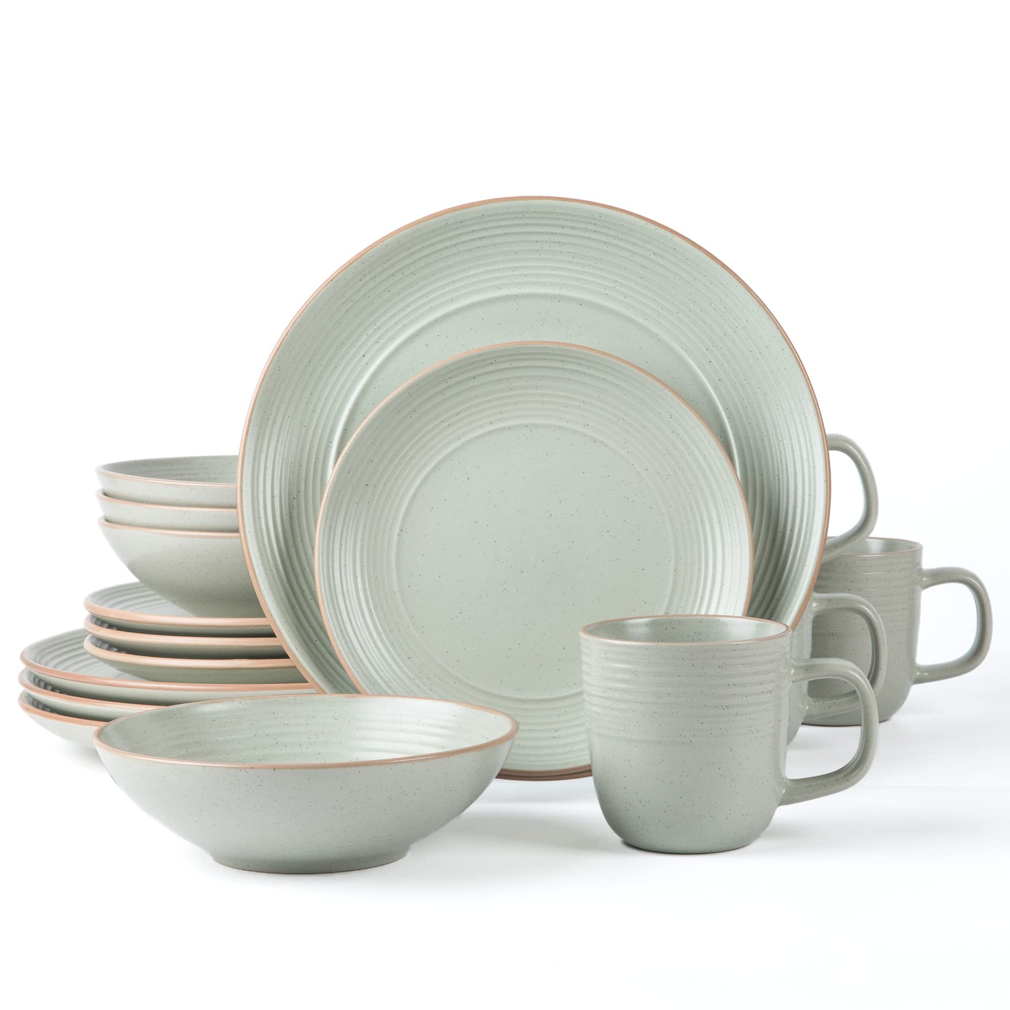 Arora RINGAR Round Stoneware 16pc Dinnerware Set of 4, Dinner Plates, Side Plates, Cereal Bowls, Mugs - Speckle Matte White (406