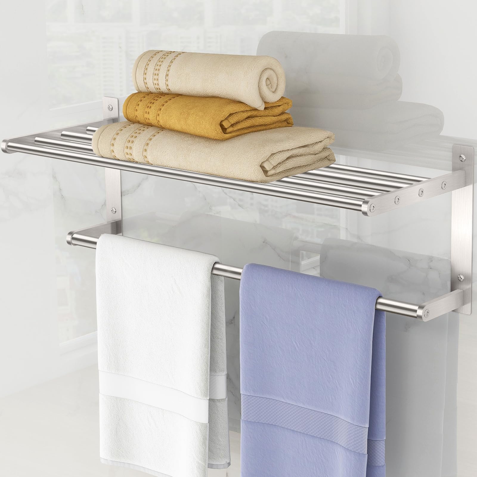 Towel Racks for Bathroom, 2 Tier Bathroom Shelf with Towel Bar, 24 Inch Stainless Steel Towel Rack Wall Mounted, Bathroom Towel 