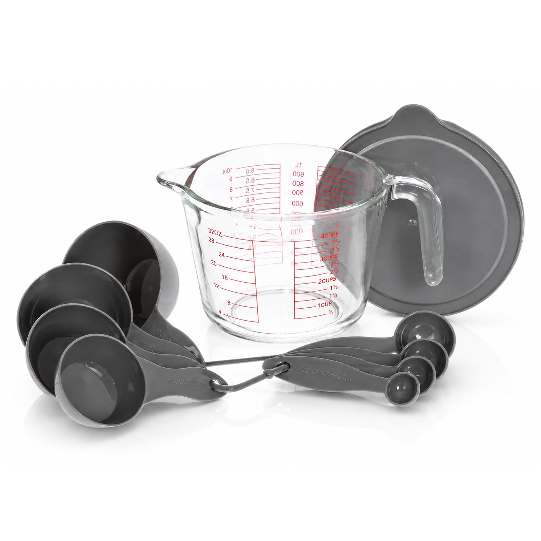 Glad Measuring Cups and Spoons Set, 10 pcs  32oz Liquid Glass Measuring Cup with Lid and 8 Nesting Measure Cups/Spoons  Cookin
