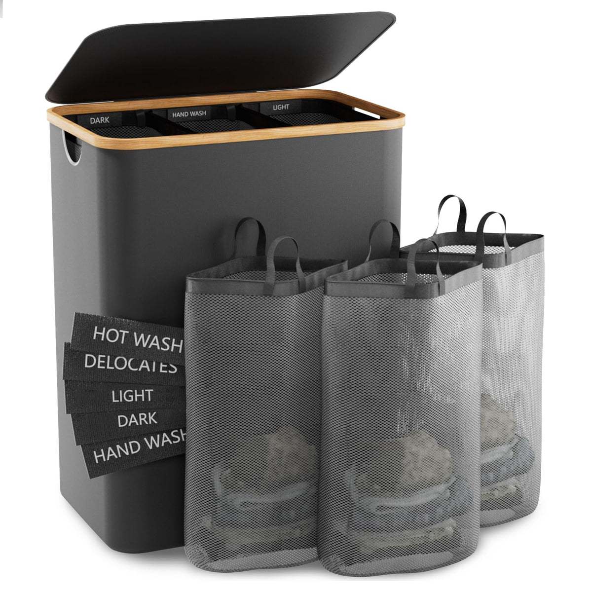 Bathola Laundry Hamper With Lid, 145L Extra Large Hamper 3 Section Dirty Clothes Hampers For Divided Basket Organizer For Bedroo