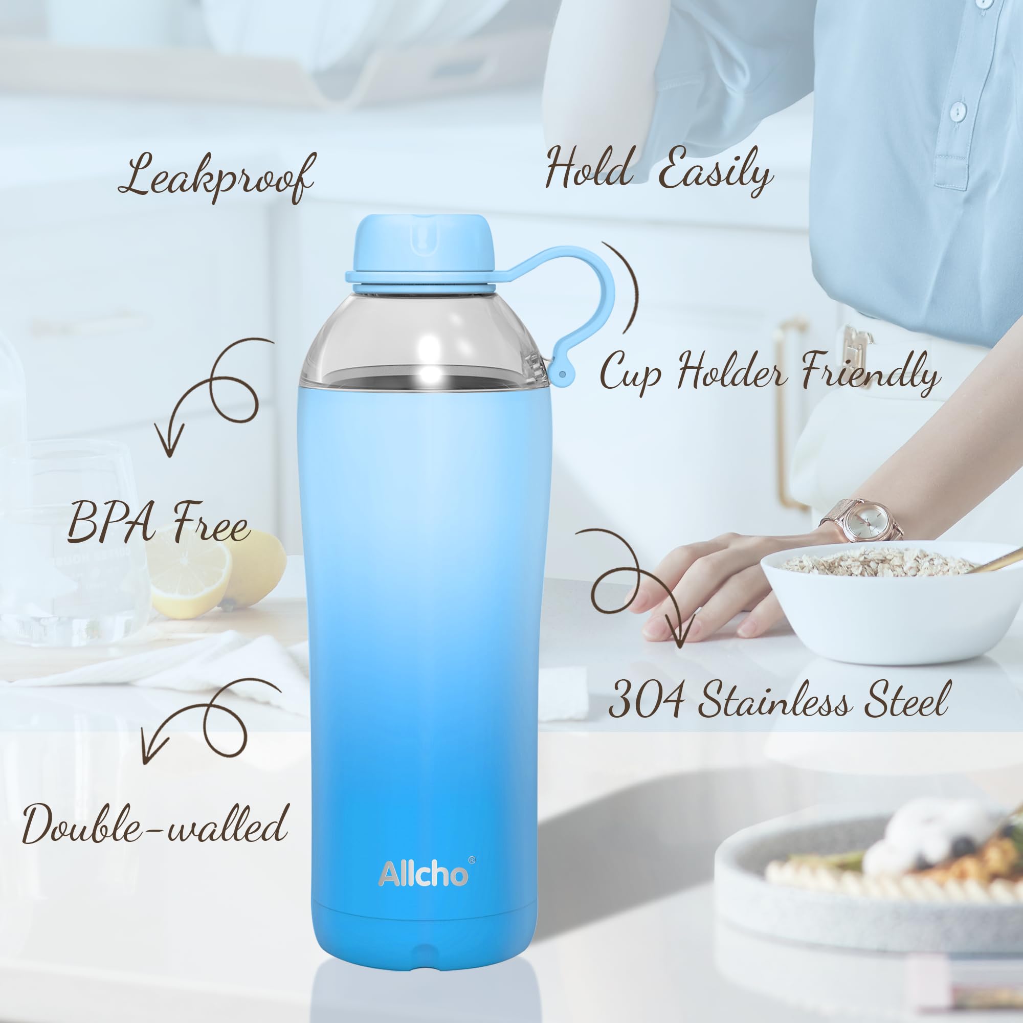Allcho Insulated Water Bottle for Women, 18 oz Stainless Steel Water Bottles, Double Walled, 2 Lids (Chug & Tumbler) - Hydrate &
