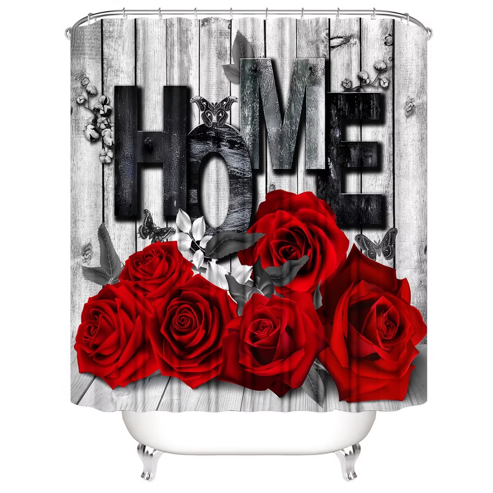 Yddsky Red Rose 4 Pcs Shower Curtain Sets Non-Slip Rugs Bath Mat Toilet Cover U Shaped Mat Black Red Shower Curtain With 12 Hook