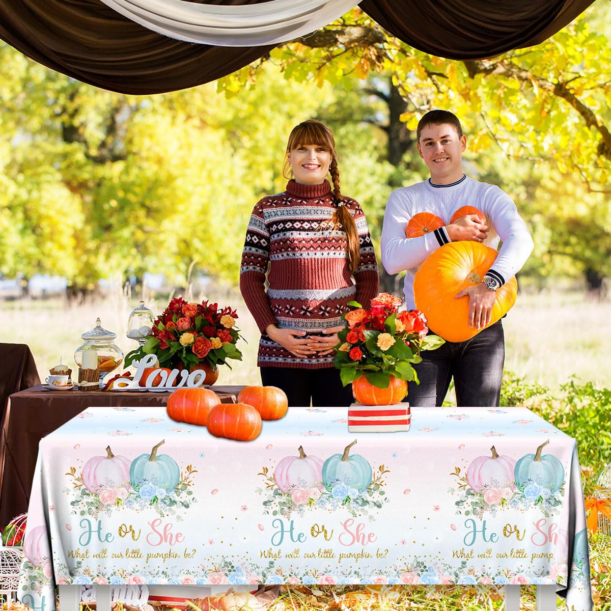 3Pcs Fall Tablecloth Decoration - He or She Gender Reveal Tablecloth Fall Floral Pumpkin Disposable Table Cover Fall Theme Baby