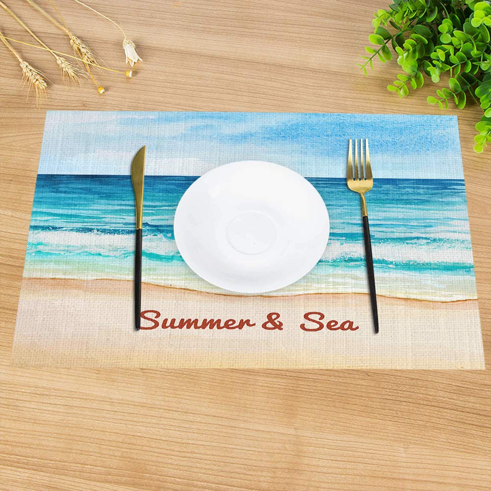 Swono Summer And Sea Beach Placemats,Golden Beach And Blue Sea Place Mats Home Decoration For Dinner Table,Indoor Outdoor Waterp