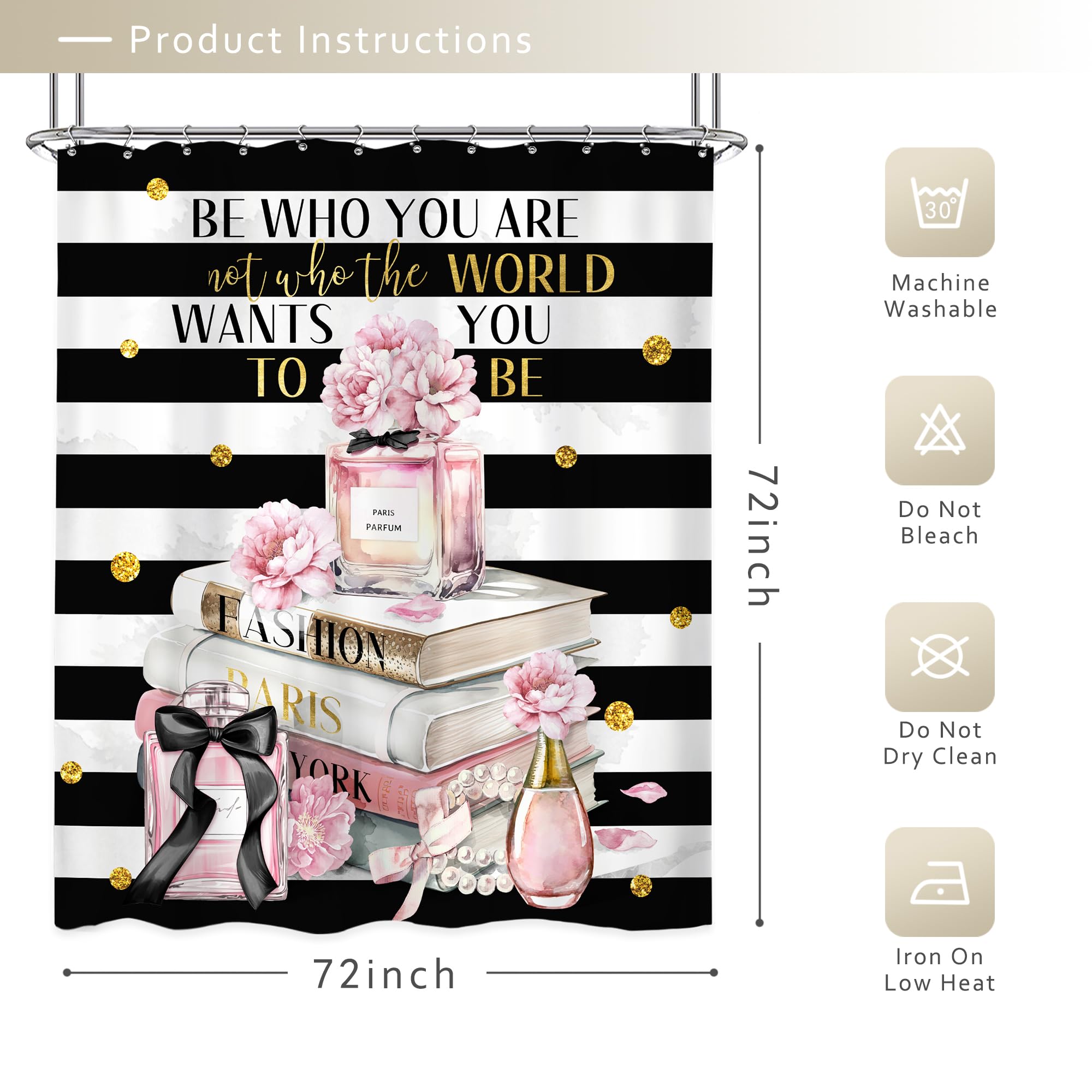 Riyidecor Fashion Women Shower Curtain 72Wx72H Inch Black White Striped Pink Modern Magazine Books Perfume Flower Girls Bathroom Decor Fabric Polyester Waterproof 12 Pack Hooks
