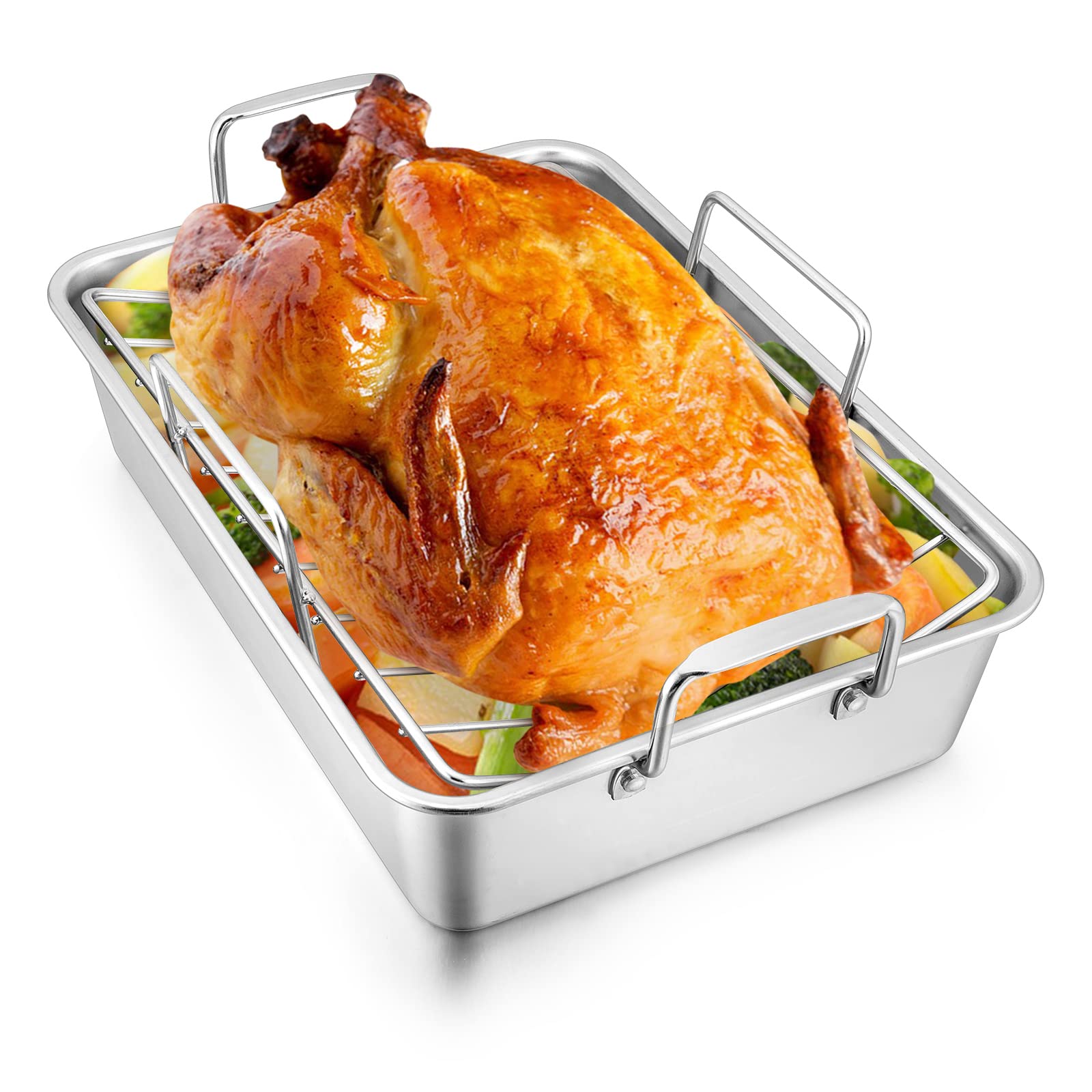 Joyfair 14-Inch Roasting Pan With Rack, Stainless Steel Turkey Roaster Baking Pan & V-Shaped Rack For Chicken Meat Vegetable, Re