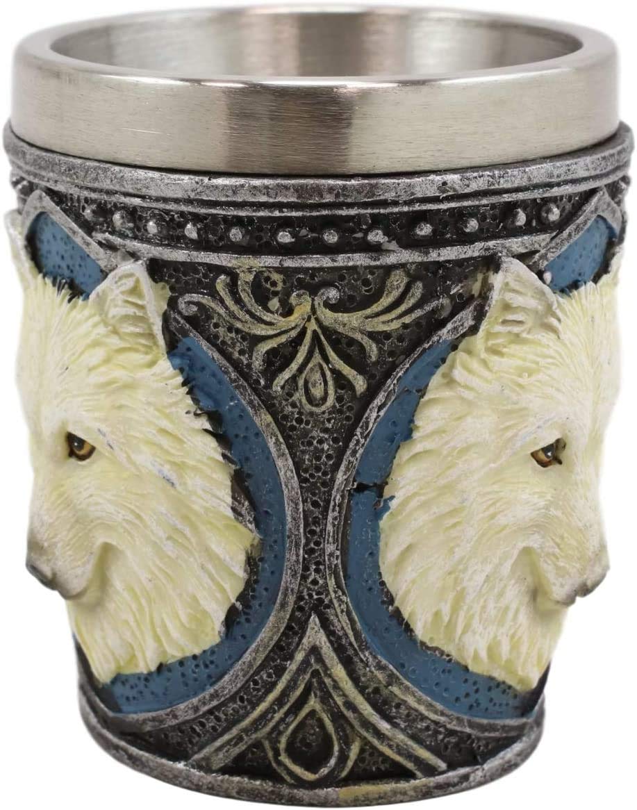 Ebros Pack Of 2 Full Moon Mythical Animal Spirit Gray And White Alpha Wolf Themed 2-Ounce Shot Glass Resin Housing With Stainless Steel Liners Wolves or Timberwolves Themed Souvenirs Favors