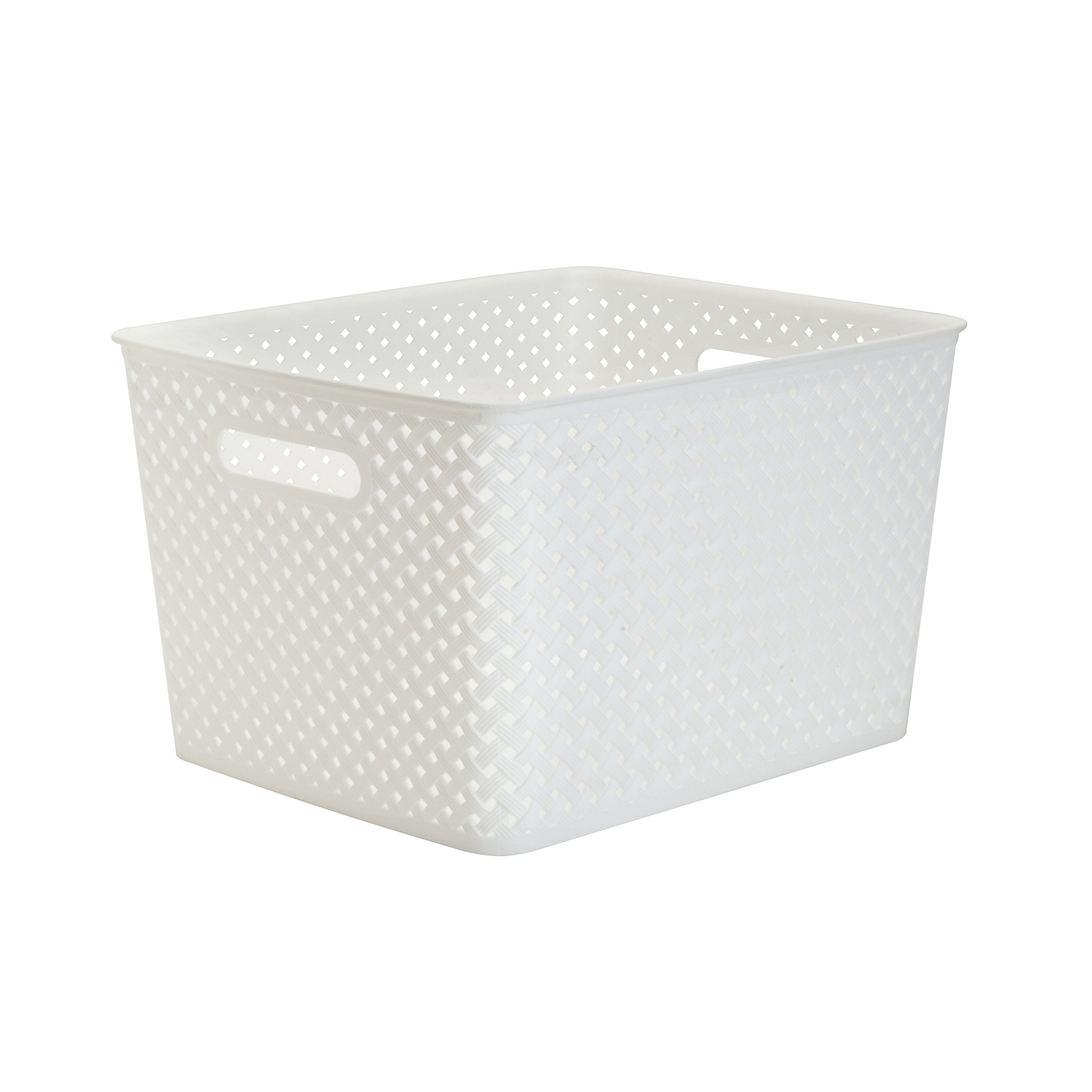 Simplify Large Resin Wicker Tote  Storage Bin  Plastic Organizer  Carrying Handles  Bathroom  Pantry  Accessories  Toys  White