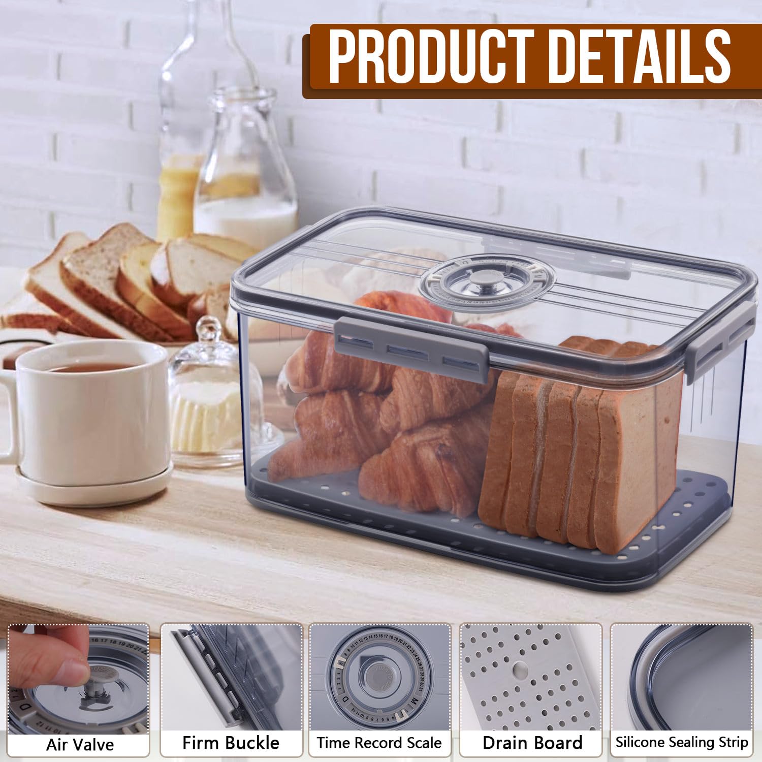 Gifhomfix Bread Box Bread Boxes For Kitchen Counter Airtight, Time Recording Bread Storage Container With Lid, Bread Keeper For