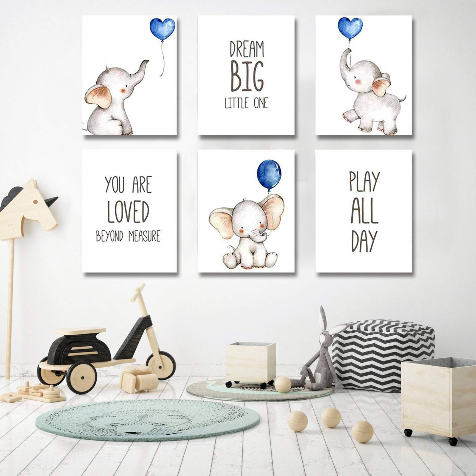 iMagitek Set of 6 Unframed Baby Boy Nursery Wall Art Prints  Blue Elephant Nursery Wall Decor  Elephants with Blue Balloons Wall Art Decorations for Baby Boy Nursery  Boy's Room (8'' x 10'')