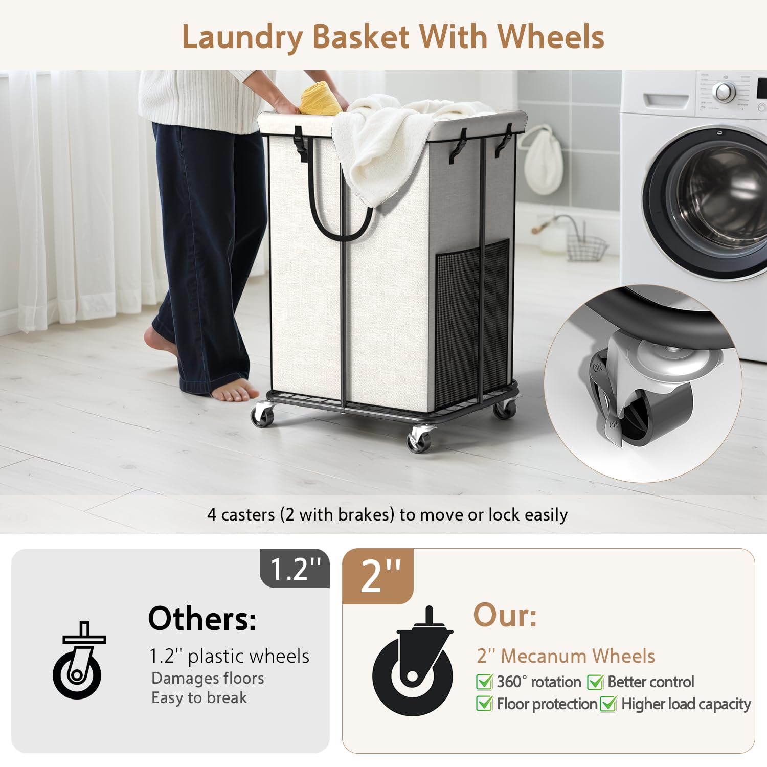 150L Large Laundry Basket With Wheels, Rolling Laundry Hamper With Removable Laundry Bag & Metal Frame, Oxford Fabric Dirty Clot