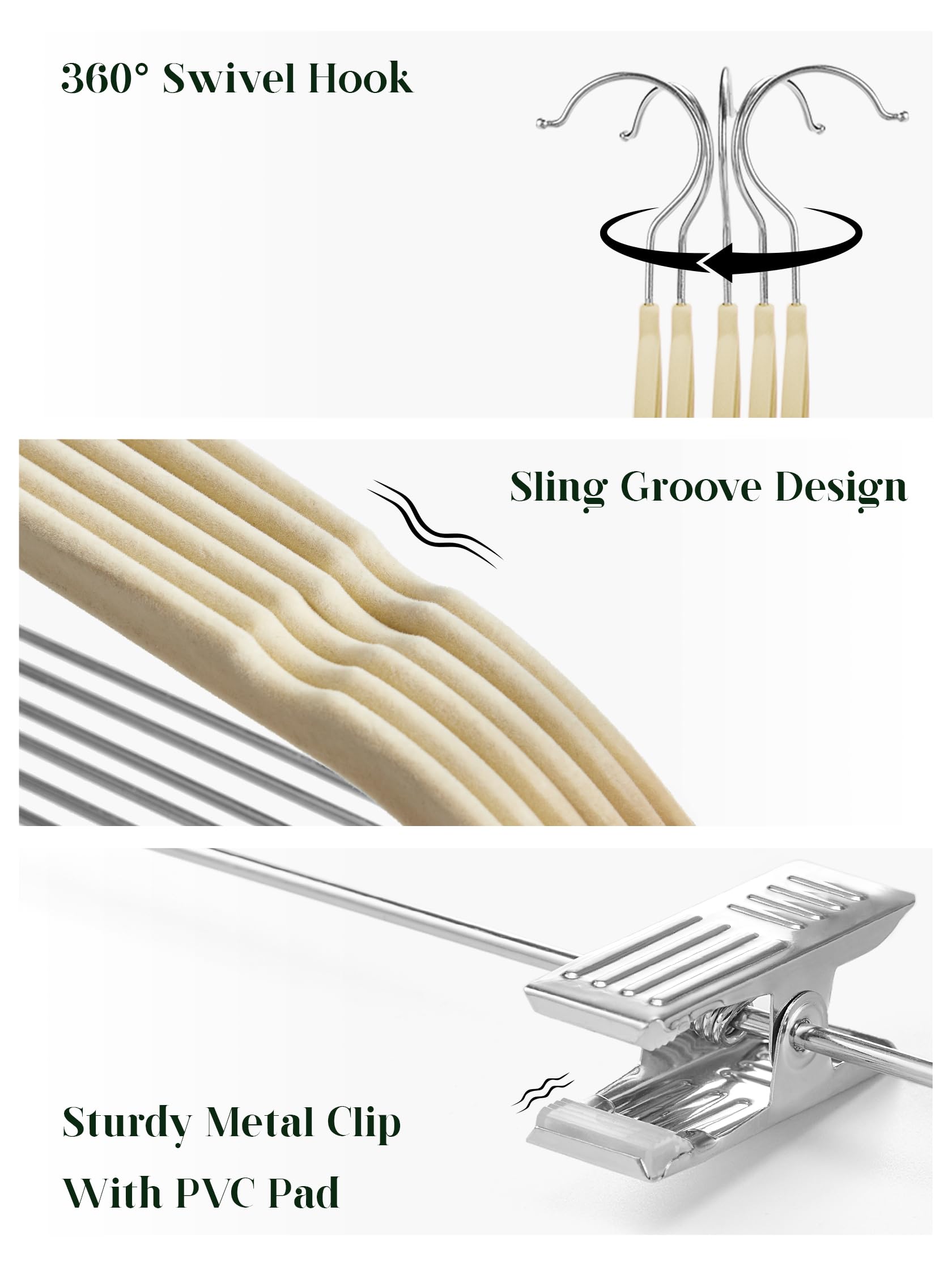 Cozymood Velvet Skirt Hangers 36 Packs Ultra Thin Velvet Hangers with Clips Non Slip Velvet Pant Hangers Space Saving Clothes Hangers with Clips  Velvet Clip Hangers for Pants  Skirts  Jeans (Beige)