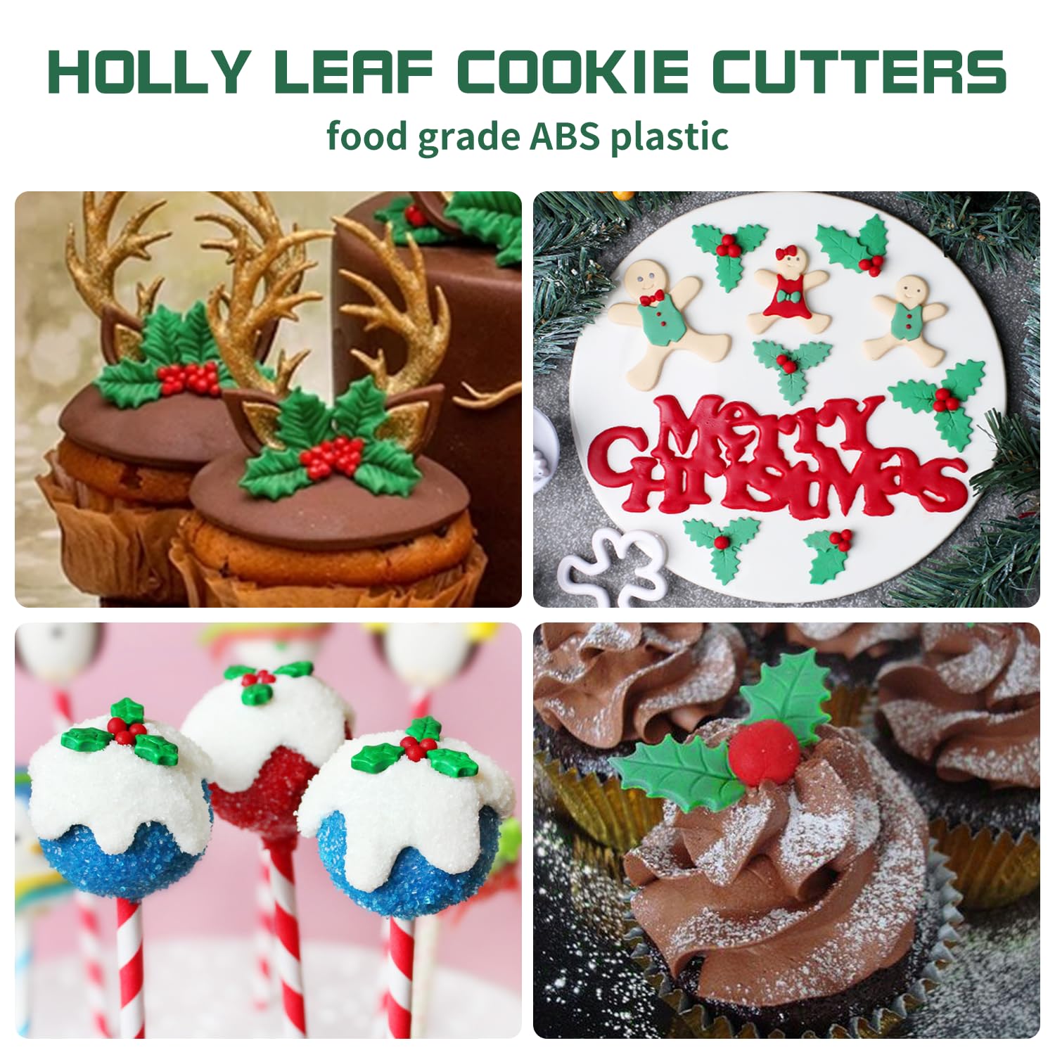 KALAIEN 3pcs Holly Leaf Plunger Cutter Set - Plastic Fondant Baking Tools, White, Model BGYM0128