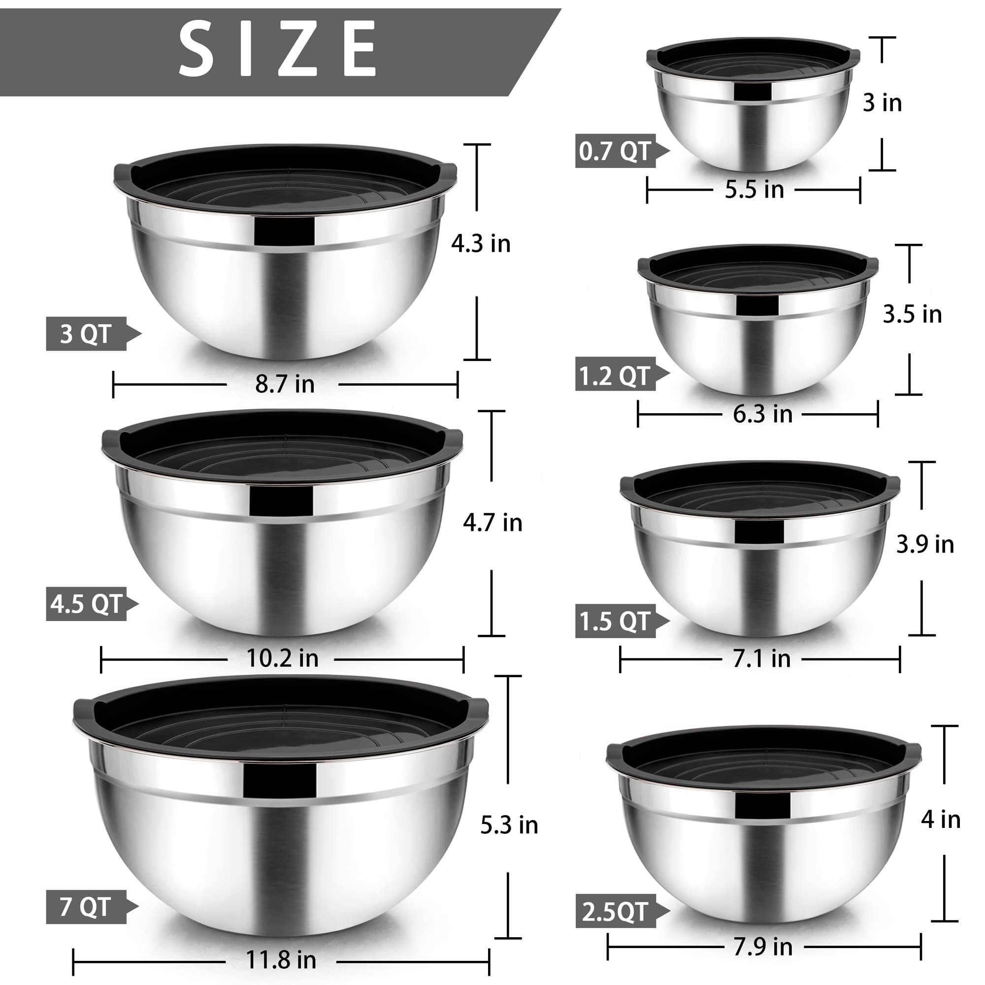 Teamfar Mixing Bowls With Lids Set Of 7, Stainless Steel Nesting Salad Mixing Bowls With 16 Pcs Cooking Utensils Set, 7, 4.5, 3,