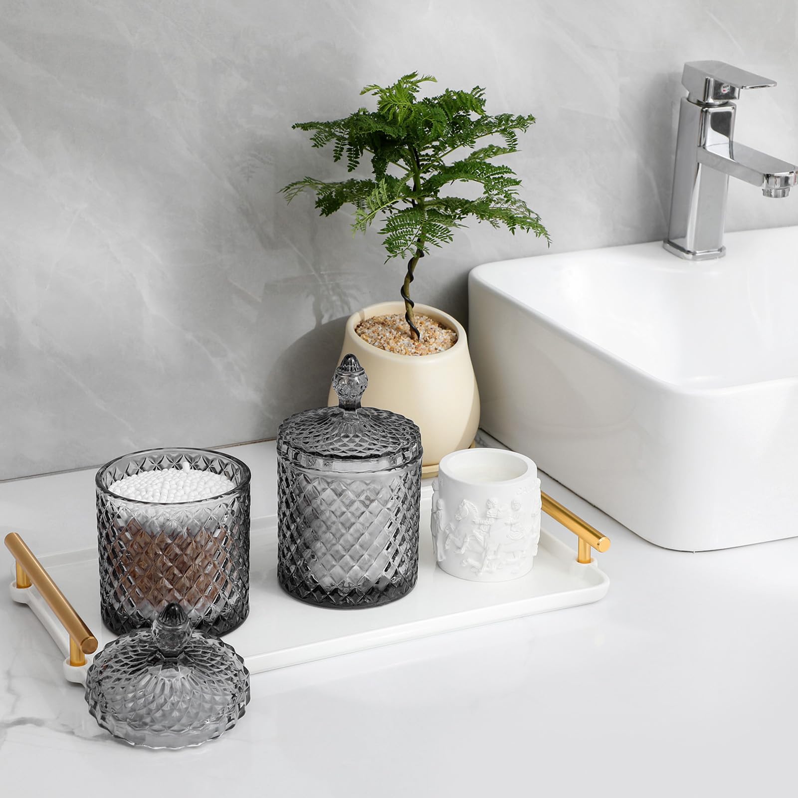 rejomiik 2 Pack Qtip Holder Glass Apothecary Jars with Lid for Bathroom Canisters Dispenser Decor  Storage Organizer for Cotton Swab  Cotton Ball  Grey