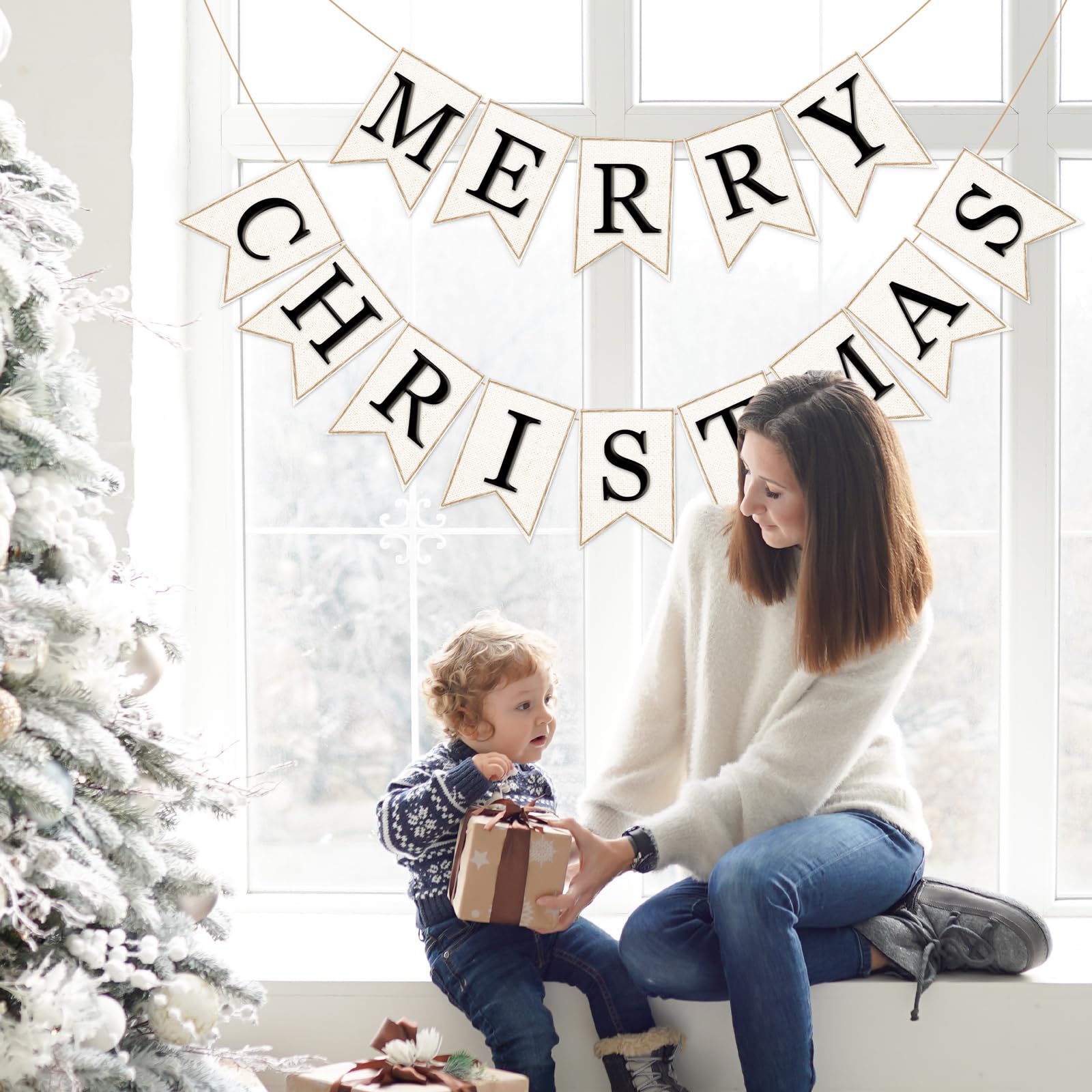Whaline 2Pcs Christmas Burlap Banner Felt Merry Christmas Banner Black White Pre-Assembled Xmas Bunting Garland For Home Party H