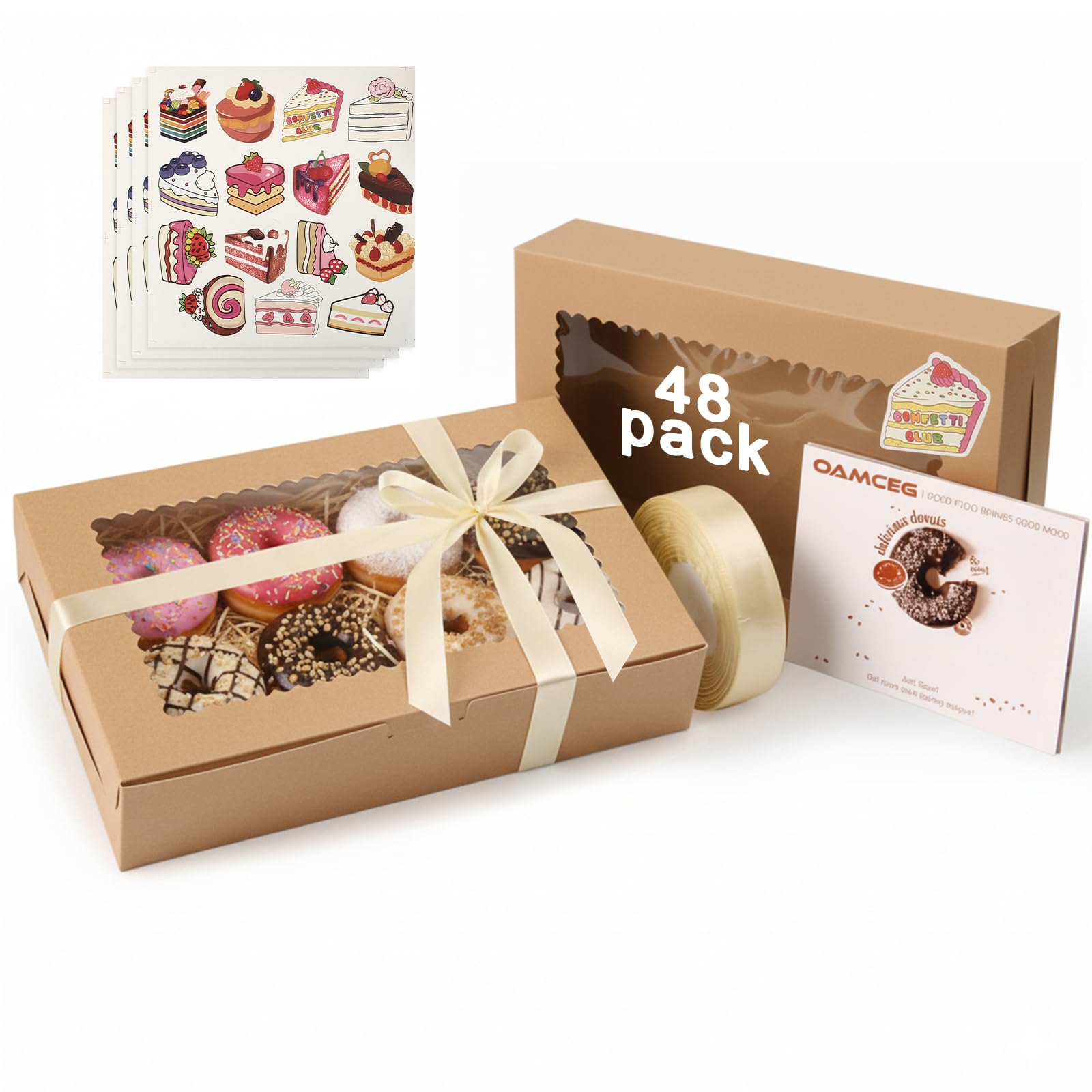 OAMCEG 48 Pack Cookie Boxes with Window, 12x8x2.5 Inch Bakery Treat Boxes for Christmas Holiday Gift Giving, Desserts, Donuts, P
