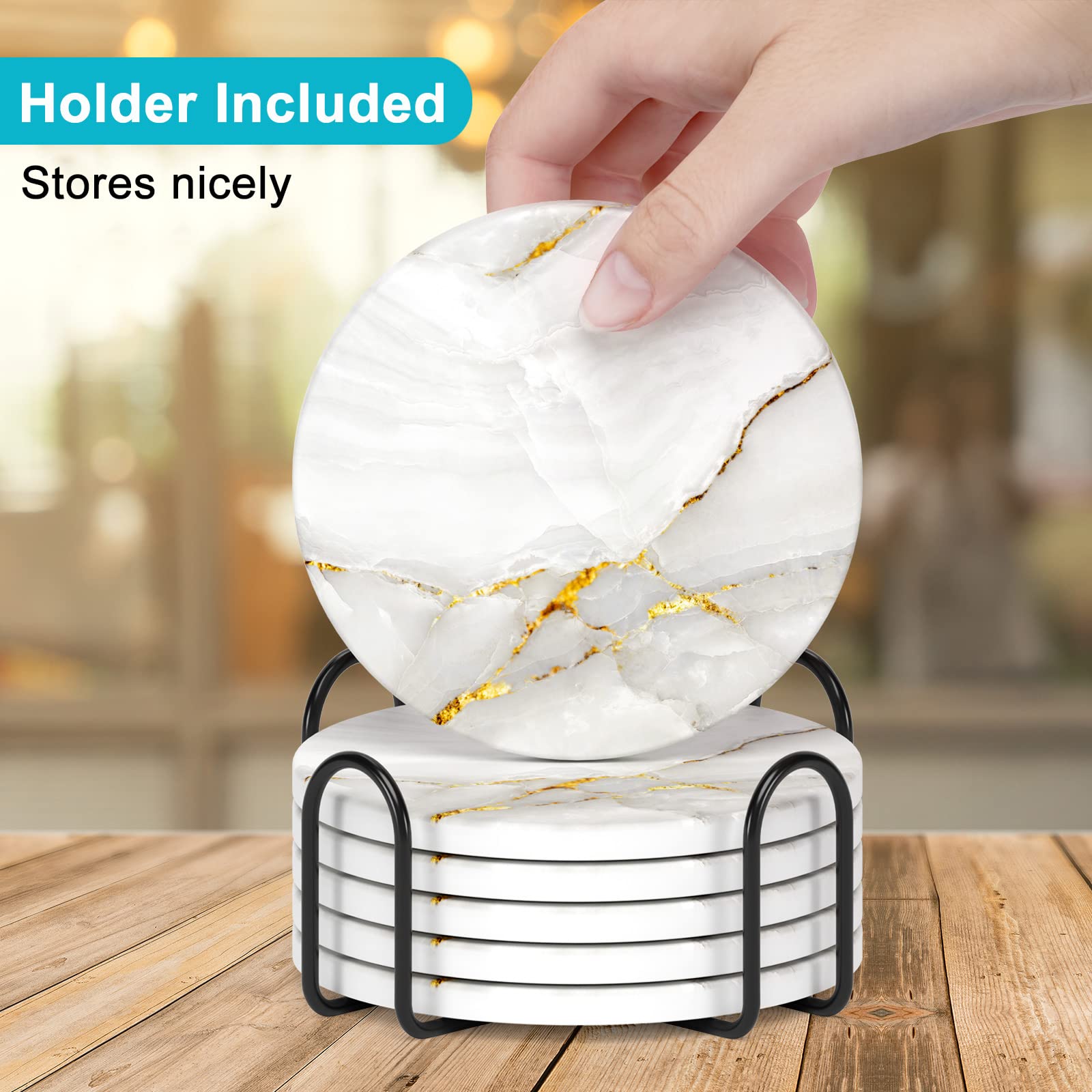 Nipichsha Coasters For Drinks, Set Of 6 Cute Absorbent Ceramic Drink Coasters For Cup With Holder And Cork Base, Kitchen Home De
