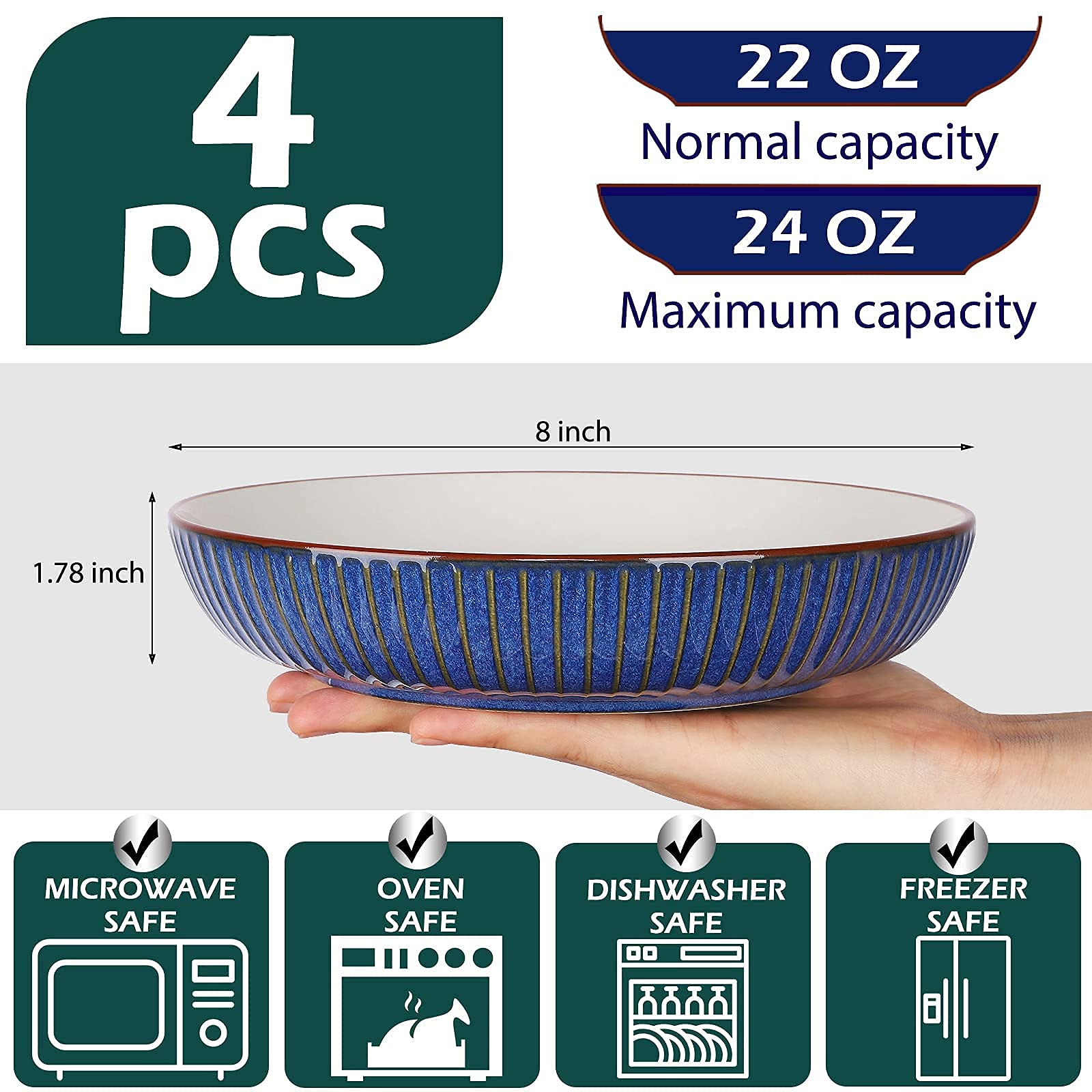 Jdztc Pasta Bowls Set Of 4 Italian Mikasa Ceramic Blue Bowl White Plate Fable 8 Inch Porcelain Serving 28 Oz Bowl Salad 8 Set Of