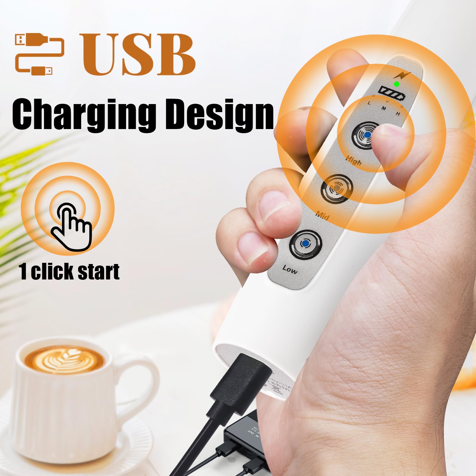 Nahida Handheld Milk Frother for Coffee  Rechargeable Electric Whisk with 3 Heads 3 Speeds Drink Mixer Foam Maker For Latte  Cappuccino  Hot Chocolate  Egg - White