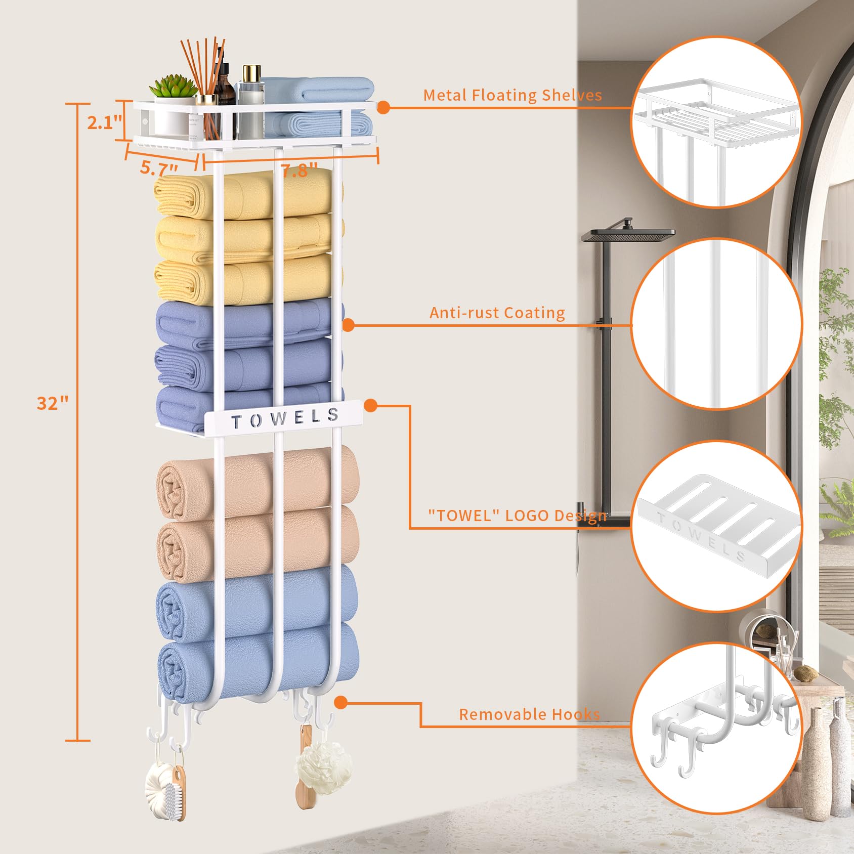 Gaguiup Towel Racks For Bathroom, Wall Mounted Towel Rack Holder, 32 Inch Rolled Towel Rack For Small Bathroom Towel Storage, 3