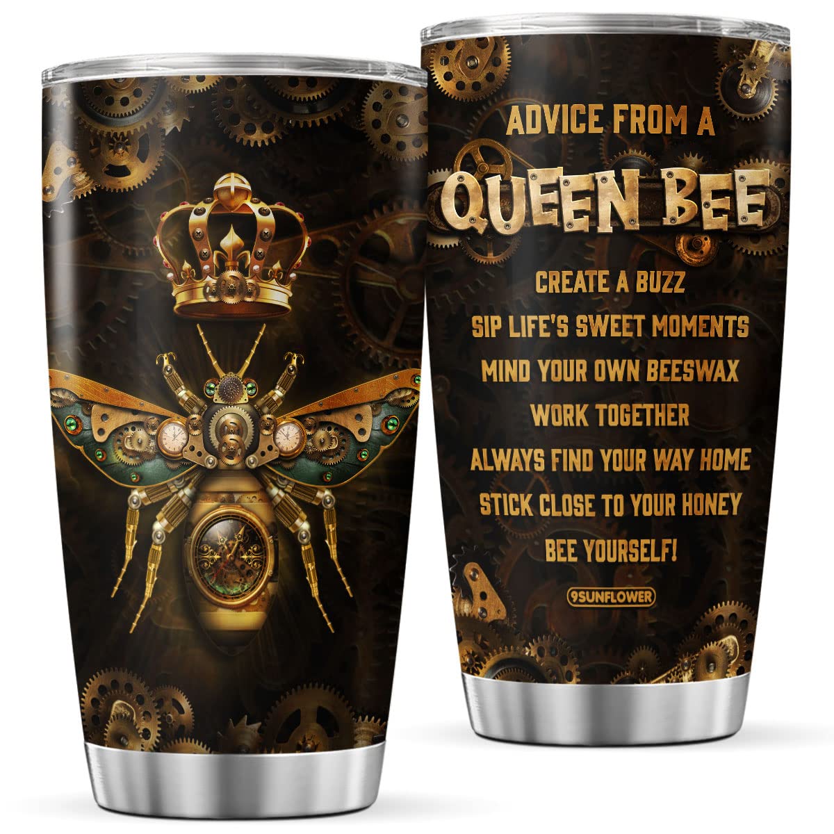 9Sunflower Queen Bee Coffee Tumbler Birthday Gifts For Girls Women Animal Lovers Mechanic Style Travel Mug With Lid Insulated Cu