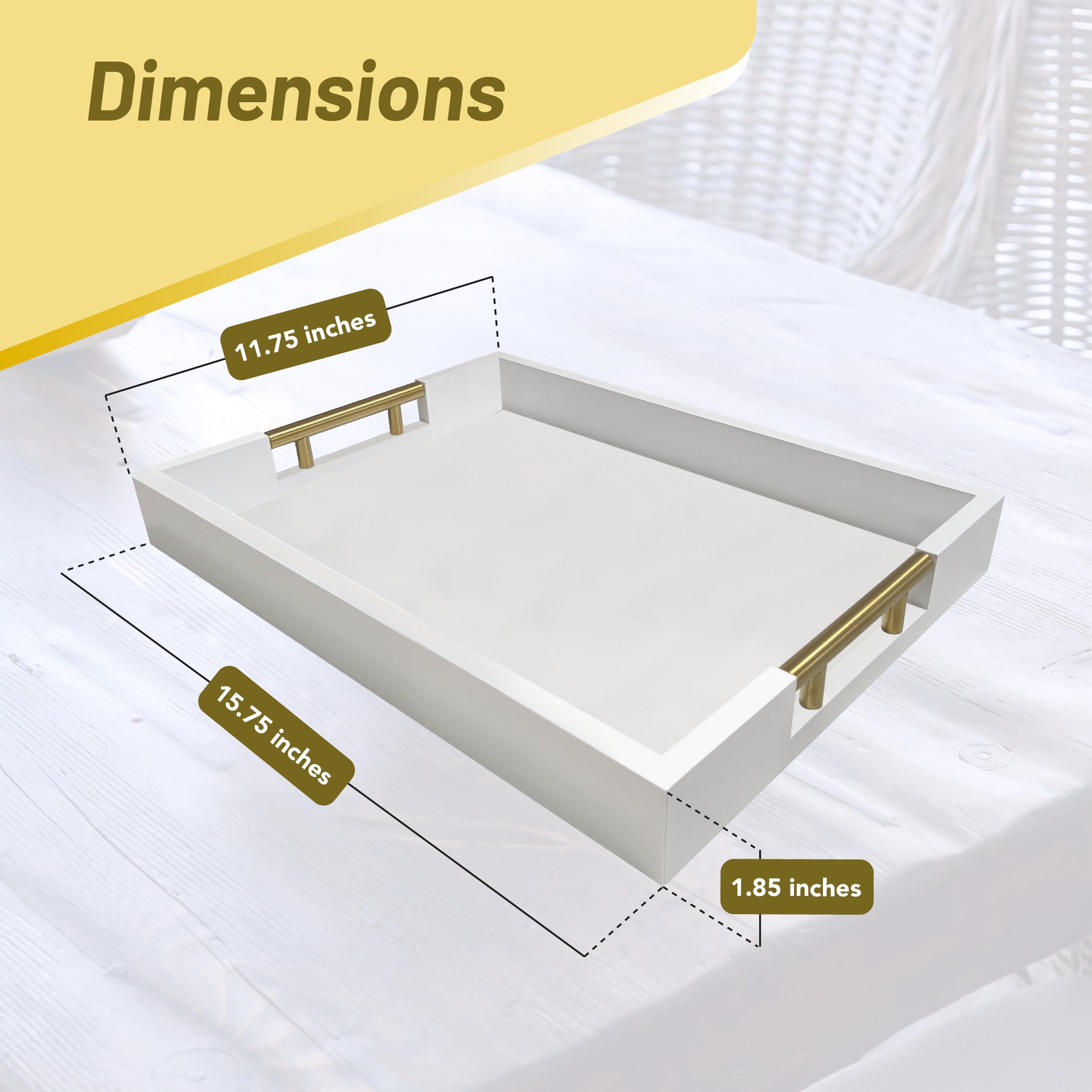 15.75'' X 11.75'' White Serving Tray With Gold Polished Metal Handles, Modern Decorative Ottoman Tray, Tea And Coffee Table Tray