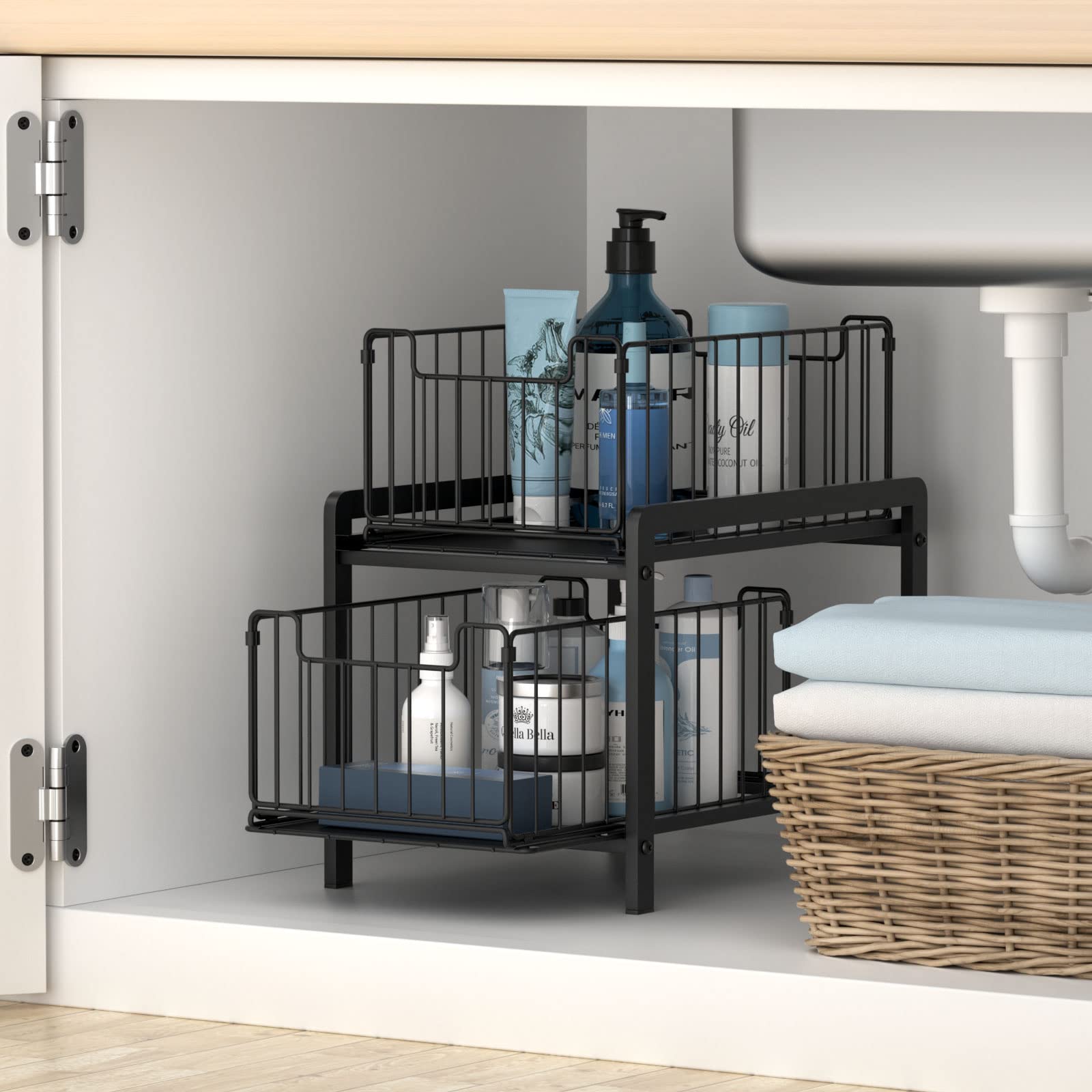 Npplus 2-Tier Under Sink Organzier: Iron Under Sink Cabinet Organizers With Sliding Drawer - Pull Out Home Storage For Bathroom