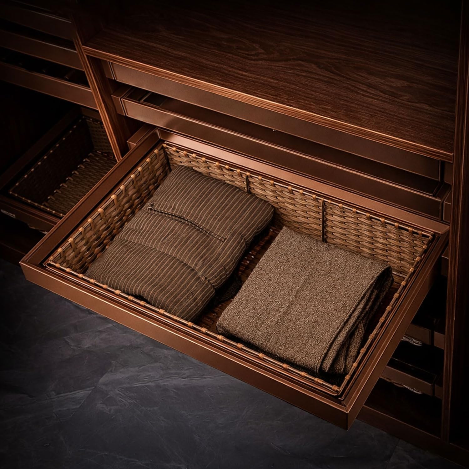 Volo Soft Close Pull Out Rattan Basket, Front End Metal Panel, Pulled Out Quietly And Completely, Operates On Undermount Slide (