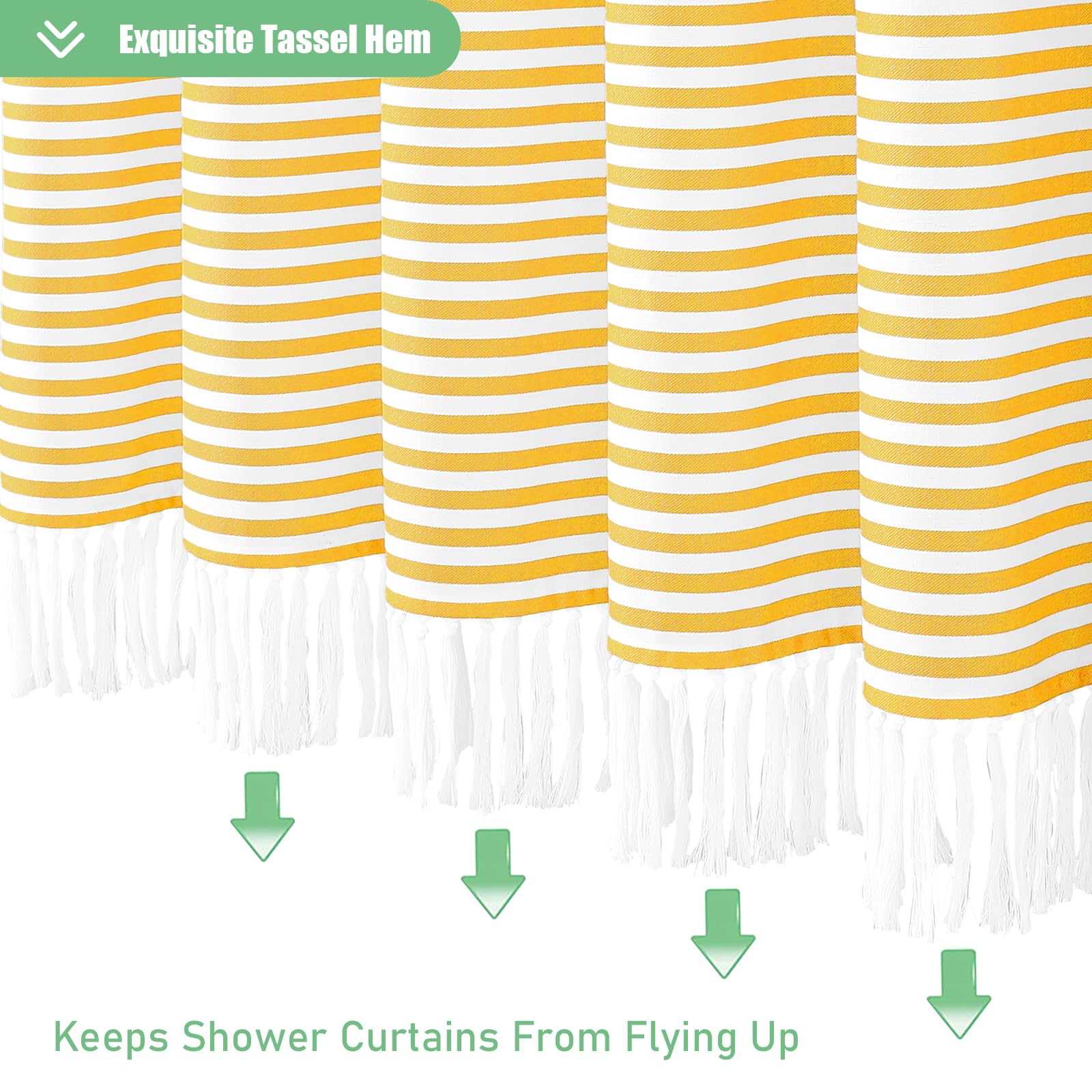 Dynamene Extra Long Fabric Shower Curtain, 84 Inch Long Farmhouse Yellow And White Striped Cloth Shower Curtain With Boho Tassel