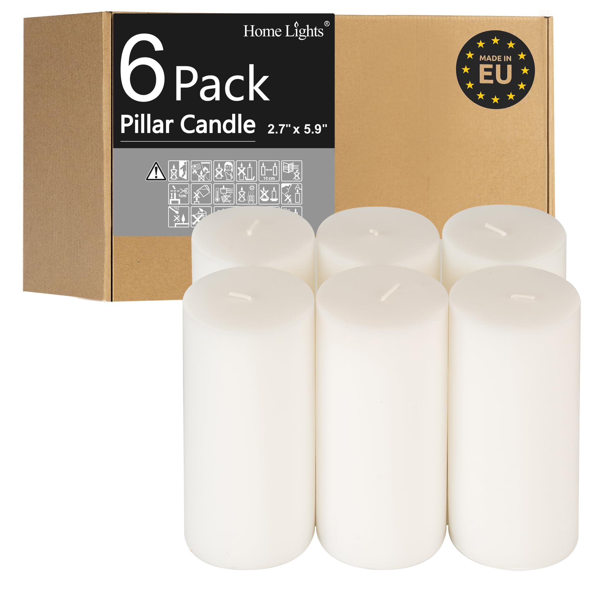 HomeLights Pillar Candles - 2.7x6 inch | 60 Hours Burning, 6 Count - White Unscented Smokeless European Pillar Candles - Perfect