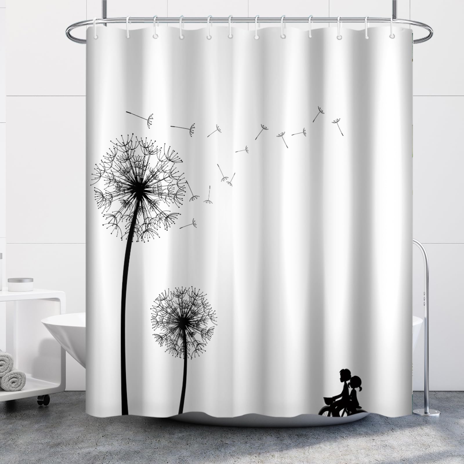 Uiiooazy Dandelion Fabric Shower Curtain For Bathroom Black White Shower Curtain Set Flying Dandelion Waterproof Cloth Bathtub S
