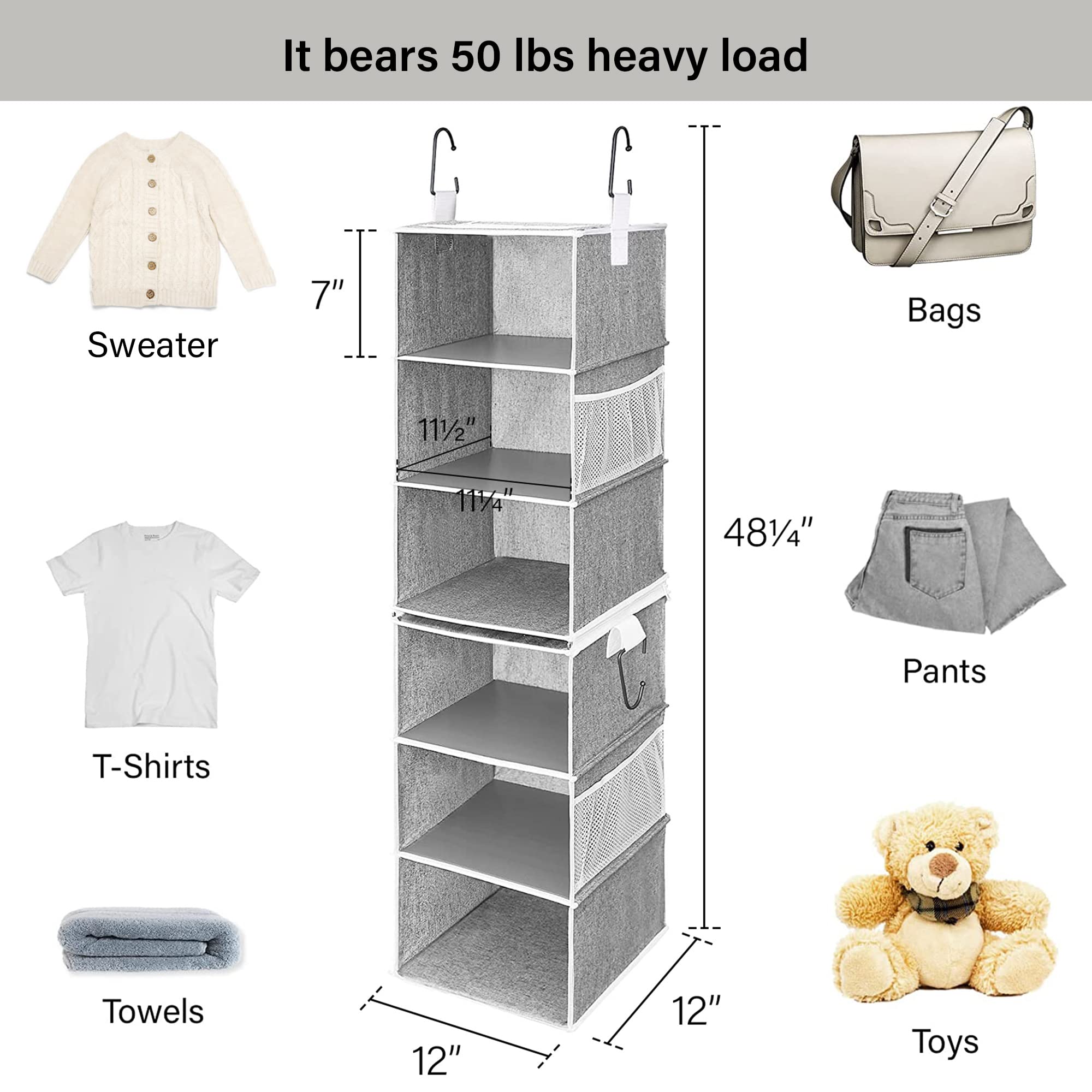 StorageWorks 6-Shelf Hanging Closet Organizers  Two 3-Shelf Separable Closet Hanging Shelves  Canvas  Gray  12 '' D x 12 '' W x 48 ? ''H