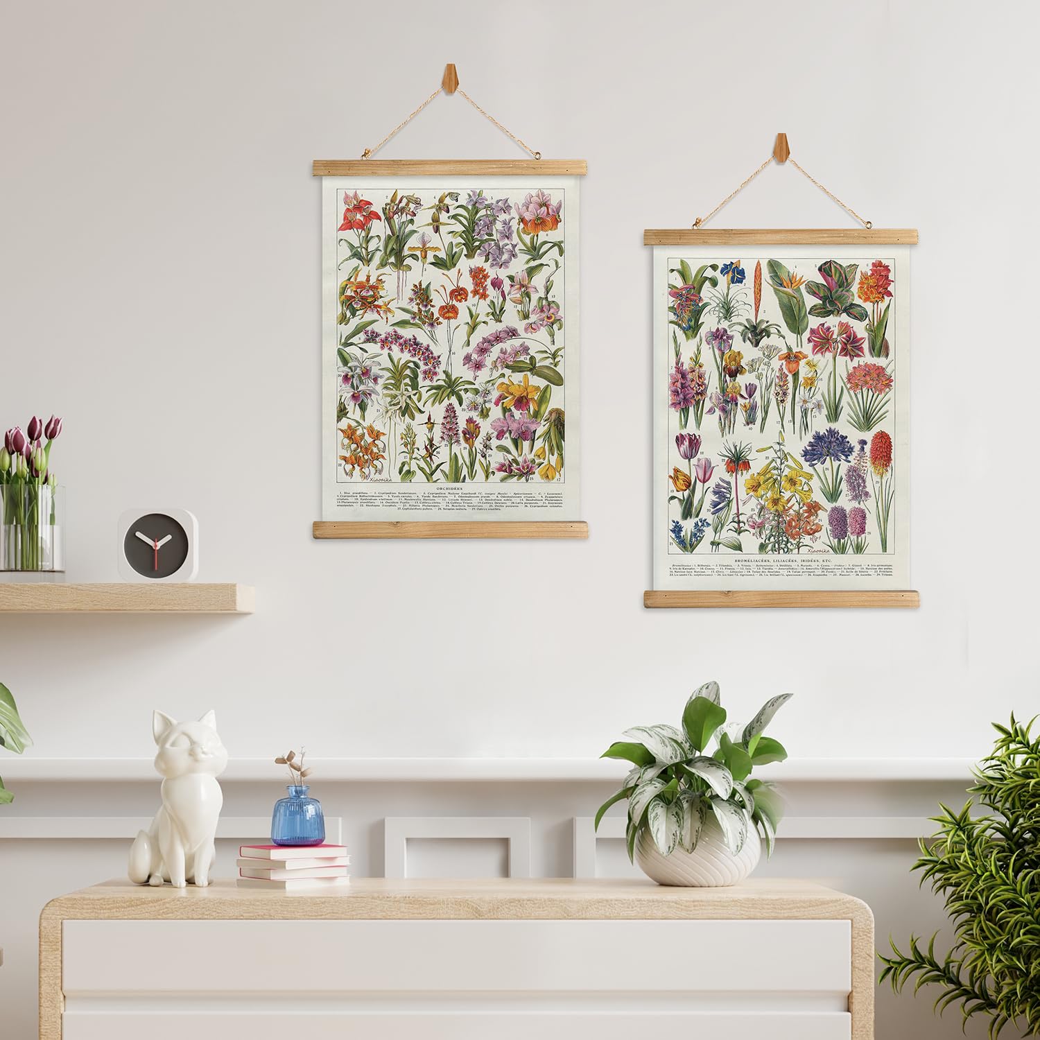 Xiaoaika Botanical Floral Wall Art Prints - Set Of 2, Antique Flower Illustration Posters With Wooden Hanging Frames, Vintage Ga
