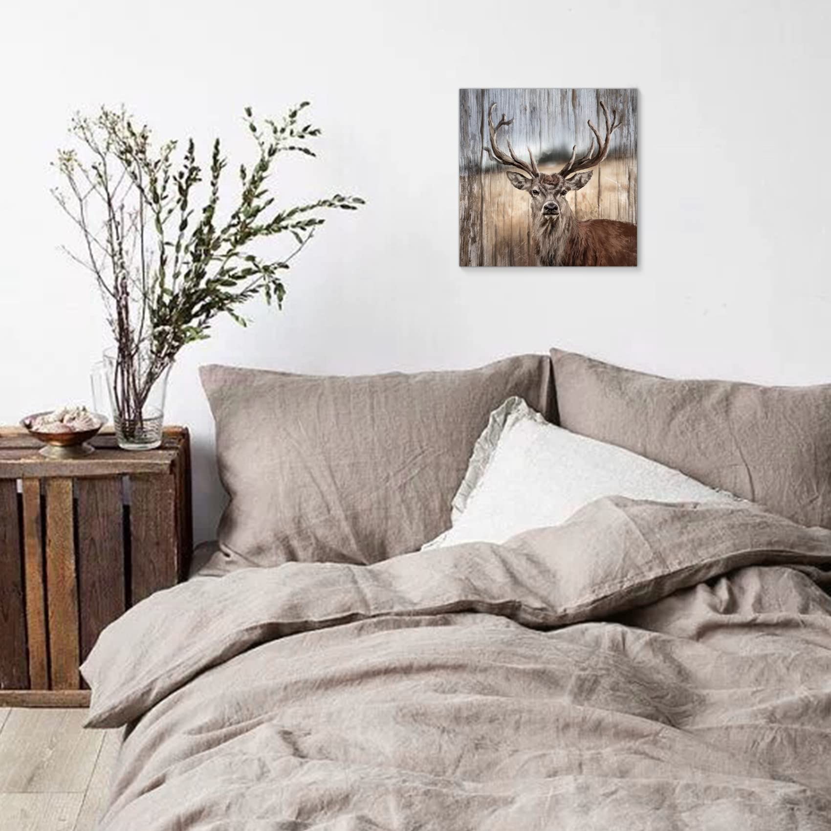 Rustic Elk Wall Decor Canvas Wall Art Animal Theme Artwork For Bathroom Modern Deer Pictures Framed Farmhouse Wall Decor For Bed