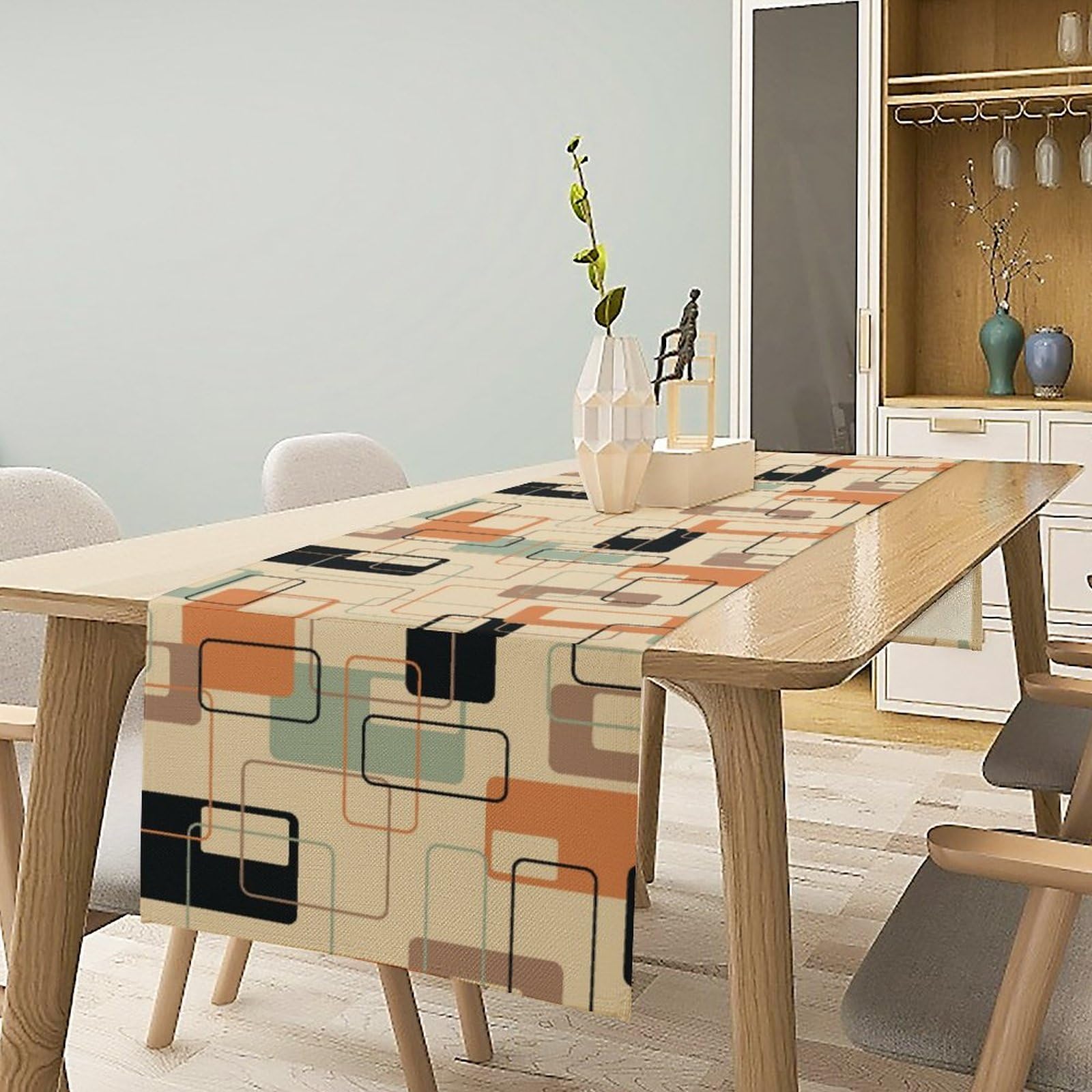 Mid Century Table Runner,Retro Square Design Modern Style Tabletop Collection Table Runner For Living Room Kitchen Dining Banque