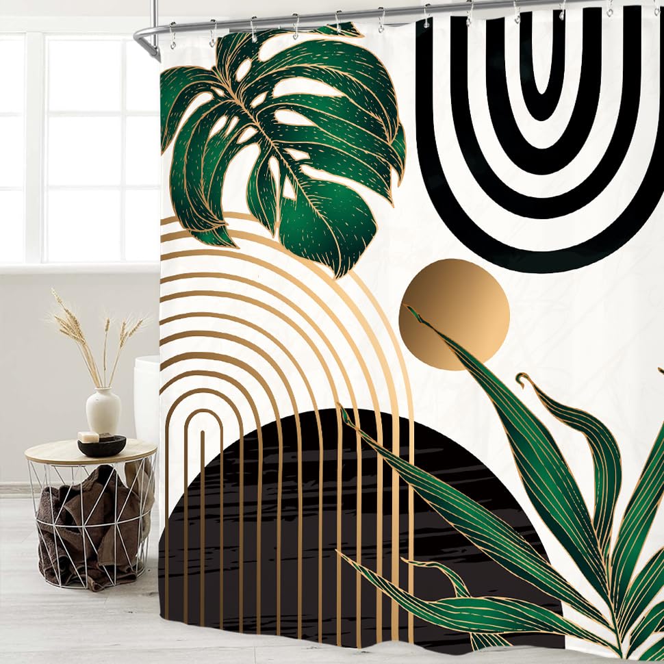 Miyotaa Abstract Emerald Green Shower Curtain Set 71Wx84H Inches Extra Long Minimalist Modern Tropical Leaves Geometric Contempo