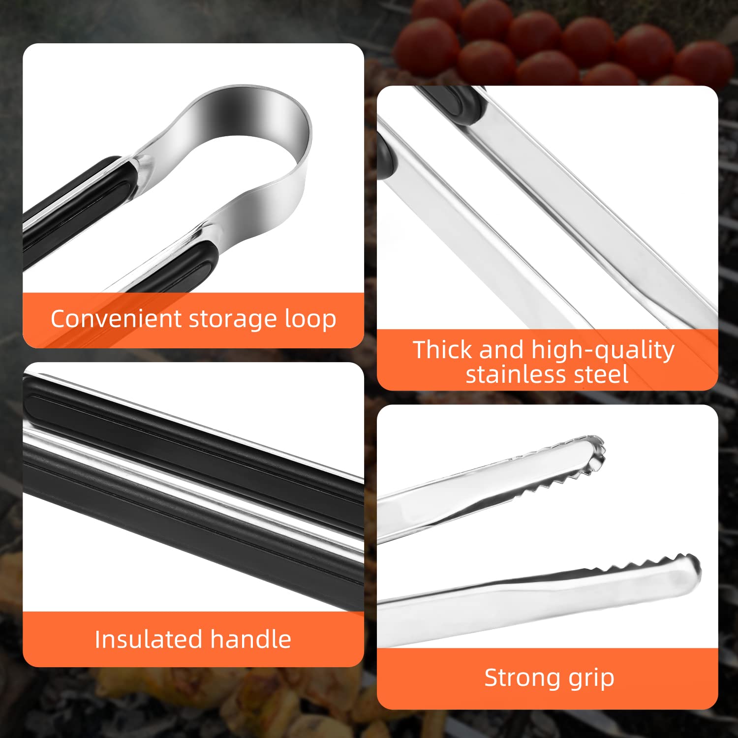 4 Pack Premium Stainless Steel Kitchen Tongs, Serving Tongs For Cooking, Xevom Metal Food Tongs With Non-Slip Grip, Heat Resista