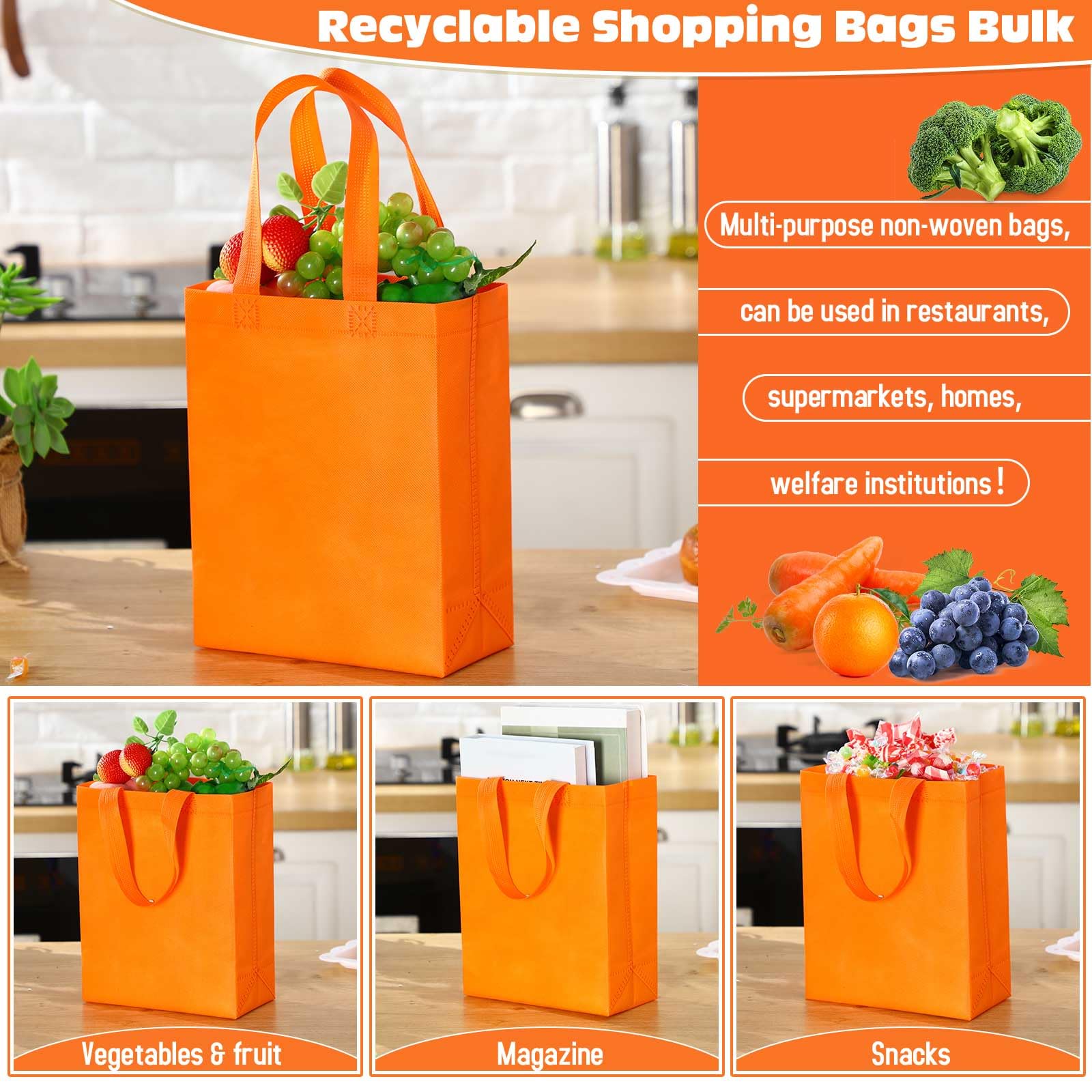 Windyun 50 Pcs Reusable Tote Bag Bulk 8 x 4 x 10 Inch Non Woven Shopping Bag with Handle Christmas Reusable Grocery Gift Tote(Or