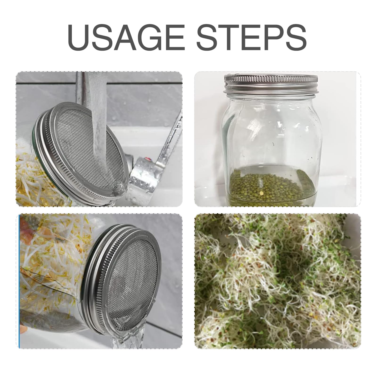 4 Pack Sprouting Lids, Mason Jar Sprouting Lids 20 Mesh 304 Stainless Steel Regular Mouth Jar Screen Sprouting Kit Lids For Grow