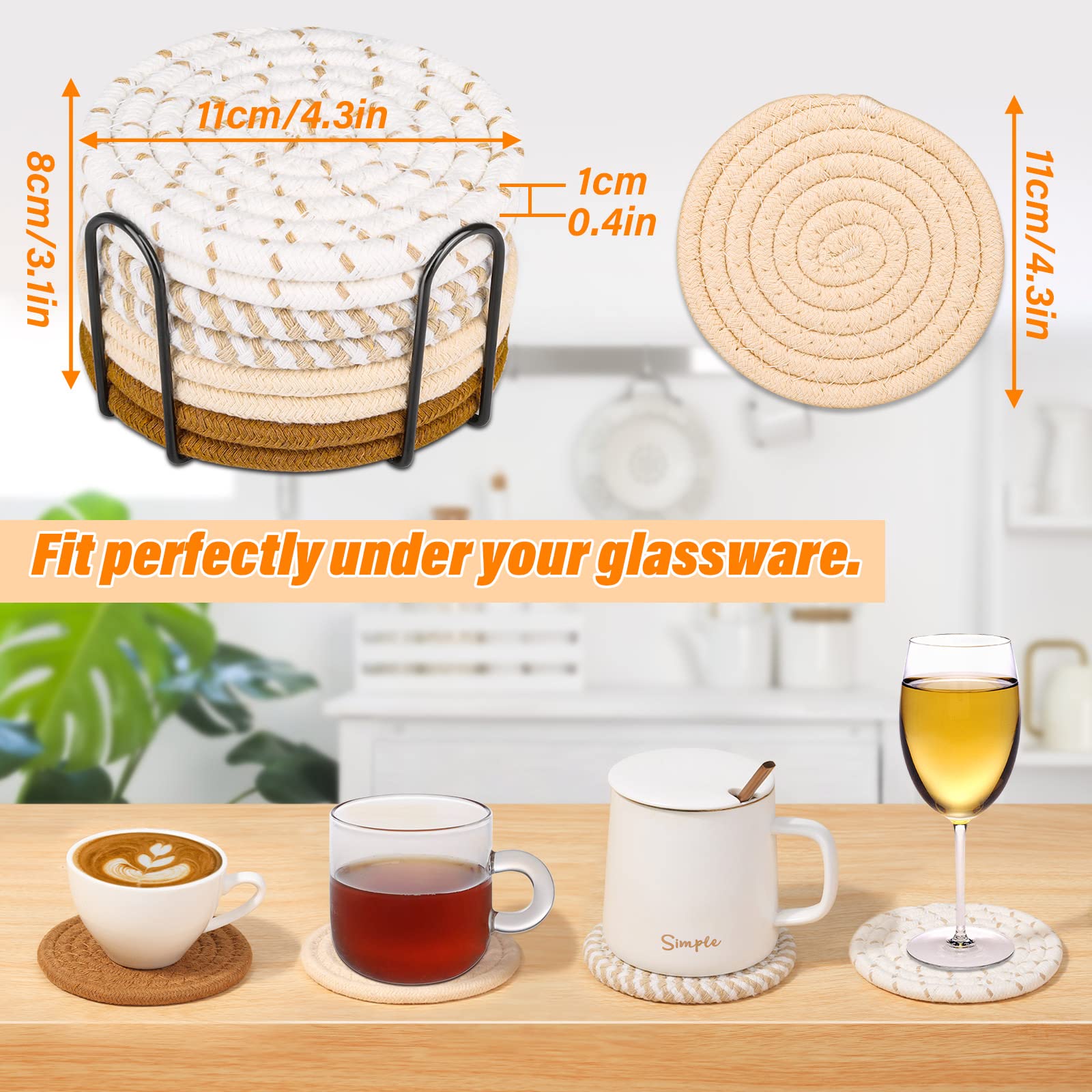 Mckanti 8 Pcs Drink Coasters with Holder  Minimalist Cotton Woven 4 Colors Absorbent Coaster Set for Home Decor Tabletop Protection Suitable for Kinds of Cups  4.3 Inches.(NO.2)