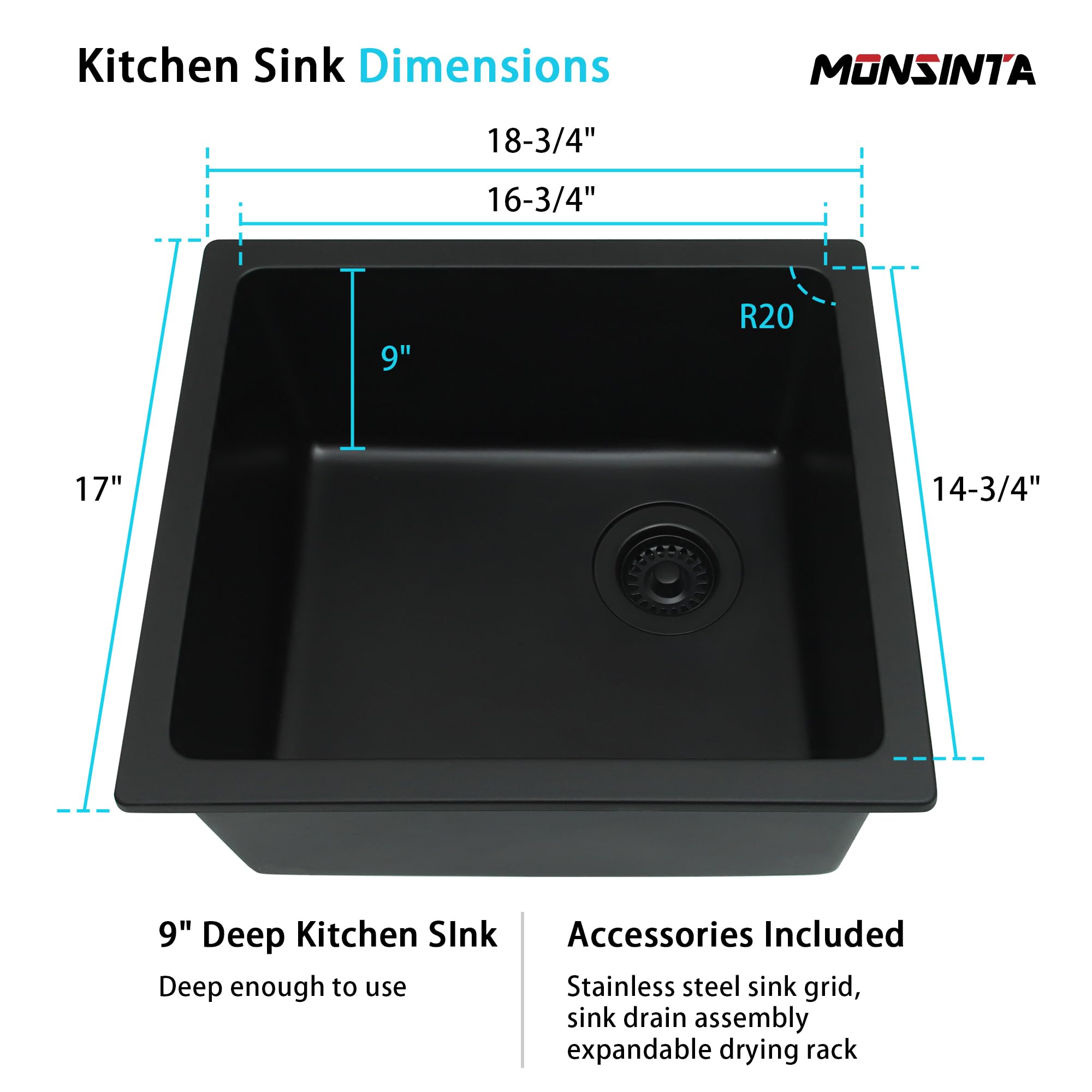 Monsinta Bar Sink,Bar Sink Undermount, 19'' X 17'' Black Bar Sink, Undermount Kitchen Sink With Accessories, Granite Kitchen Sin