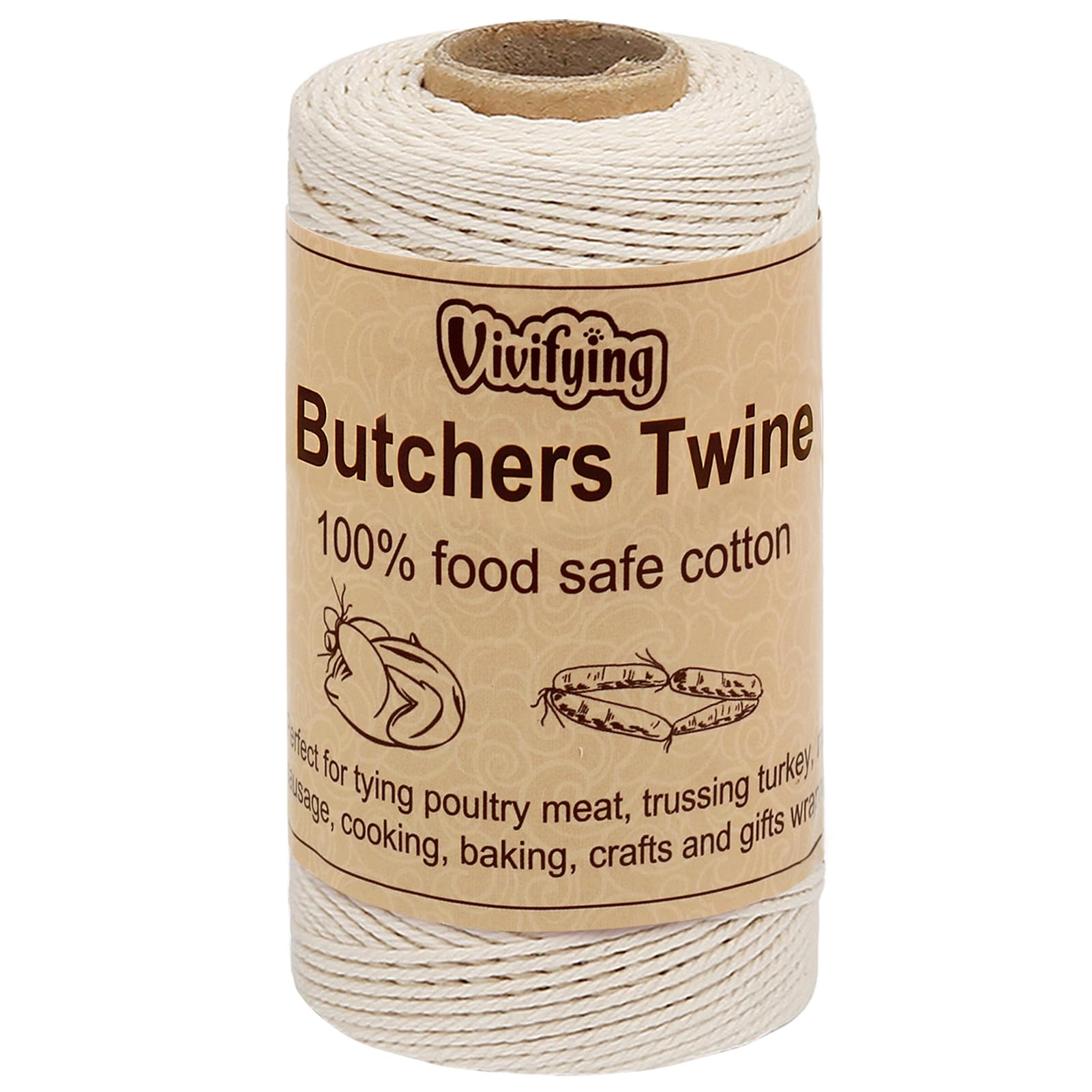 Vivifying Butchers Twine, 328 Feet 3Ply Cotton Bakers Twine, Food Safe Cooking String For Tying Meat, Making Sausage, Trussing T