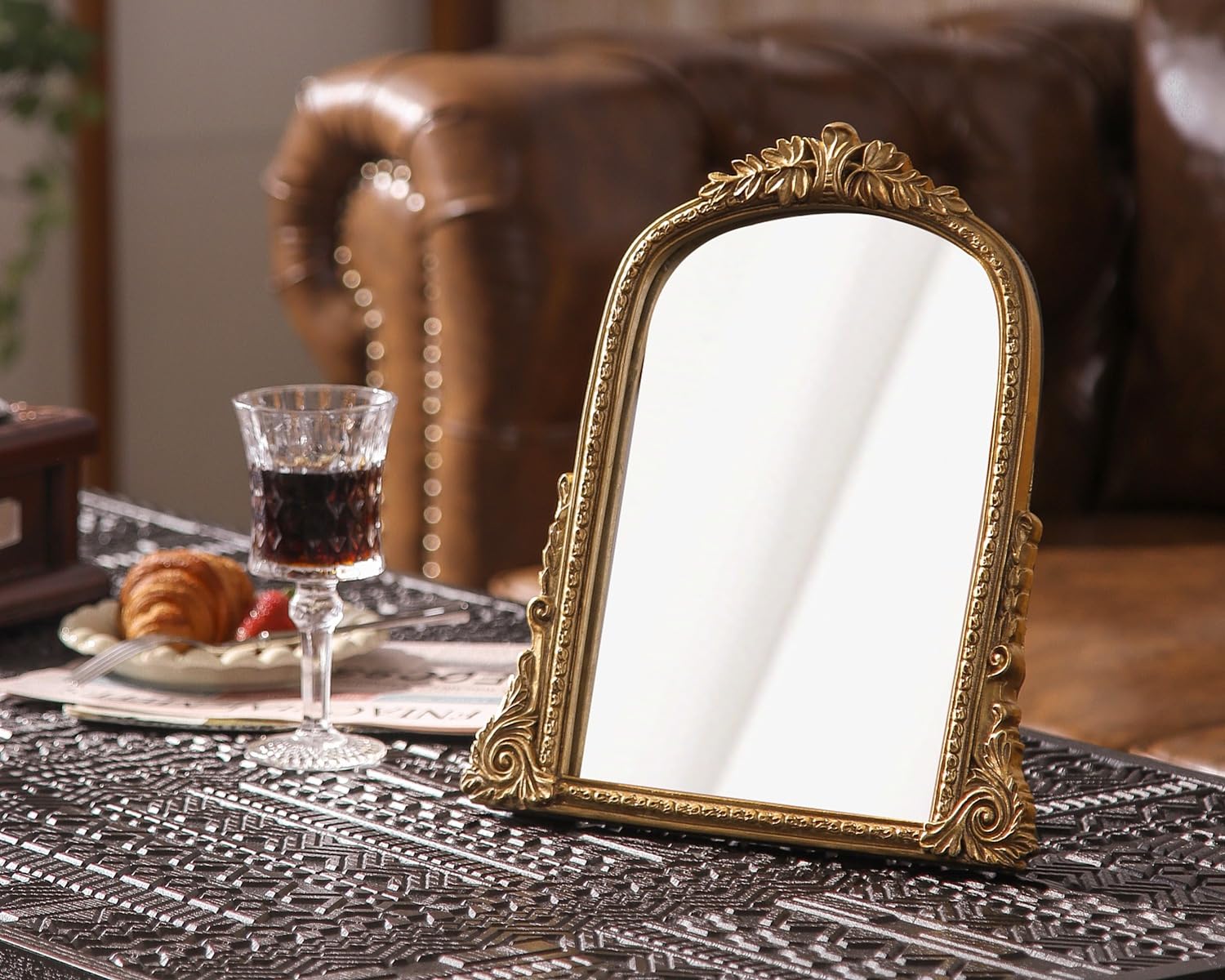 Hsddhome Vintage Gold Vanity Makeup Desk Mirror - Antique Chic Arch Table Mirror With Carved Resin Frame, Small Standing Arendah