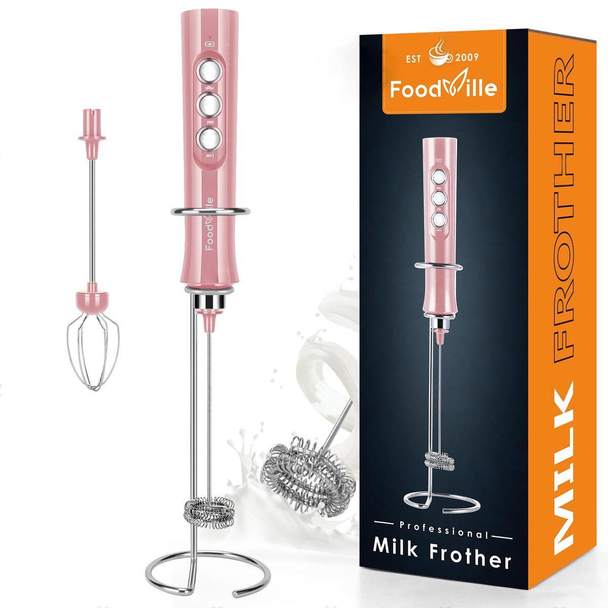 Foodville Mf02 Rechargeable Milk Frother Handheld Foam Maker With Stainless Whisk For Cappuccino, Latte, Bulletproof Coffee, Ket